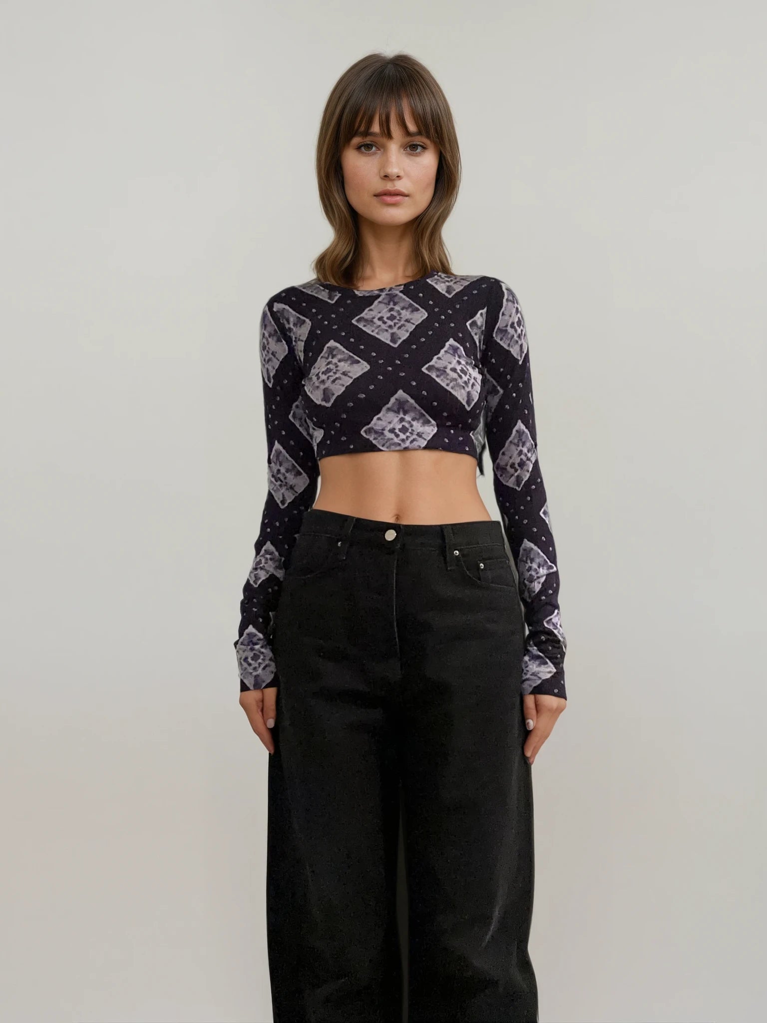 Blue Printed Long Sleeve Crop Top