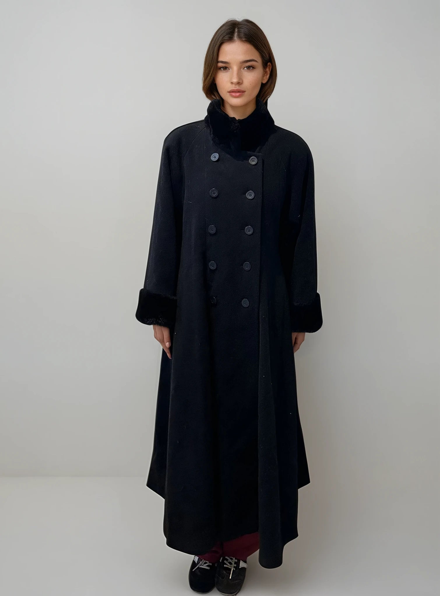 Black Fur and Wool Coat