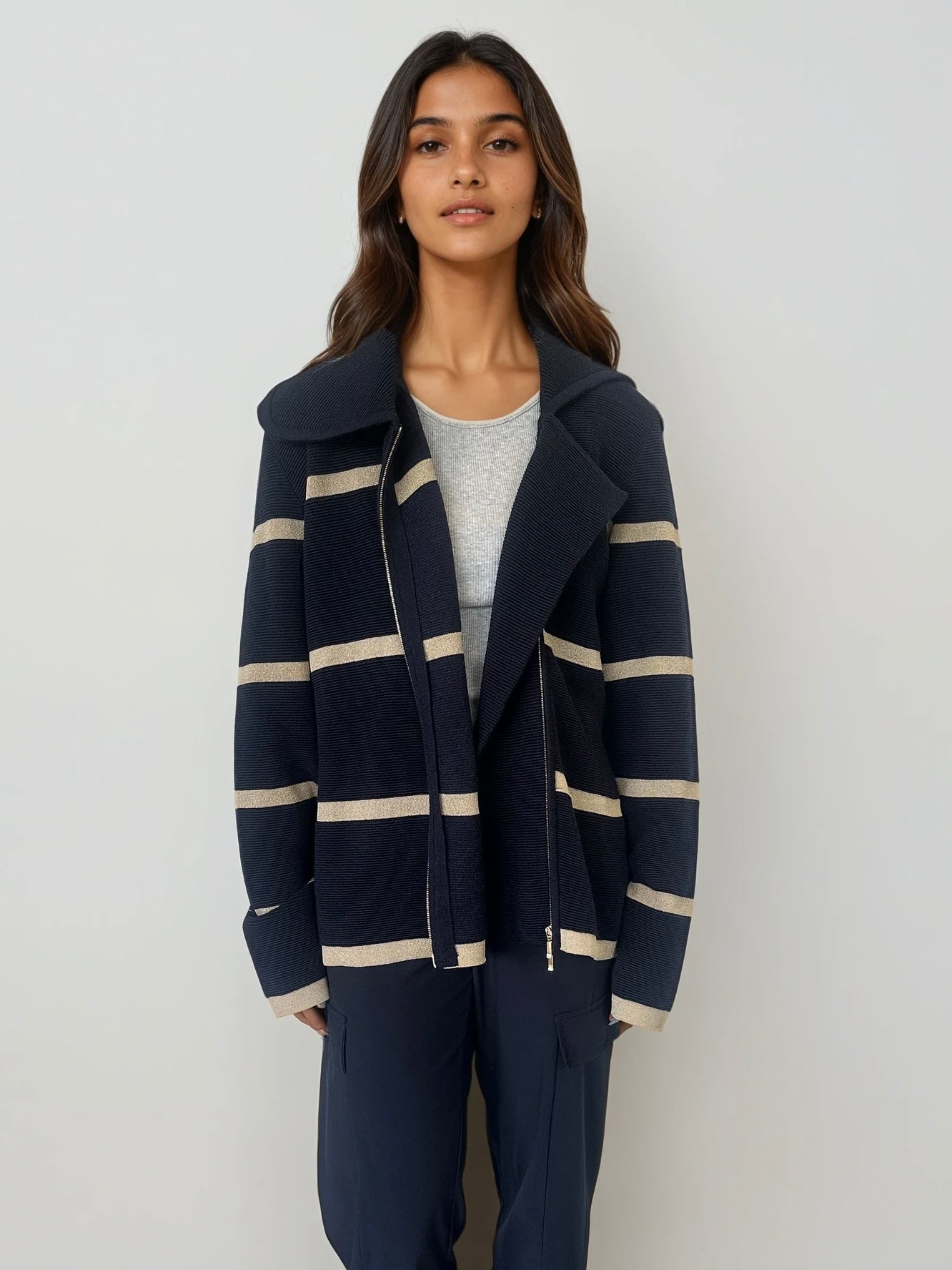 Escada Striped Zip Up Sweater