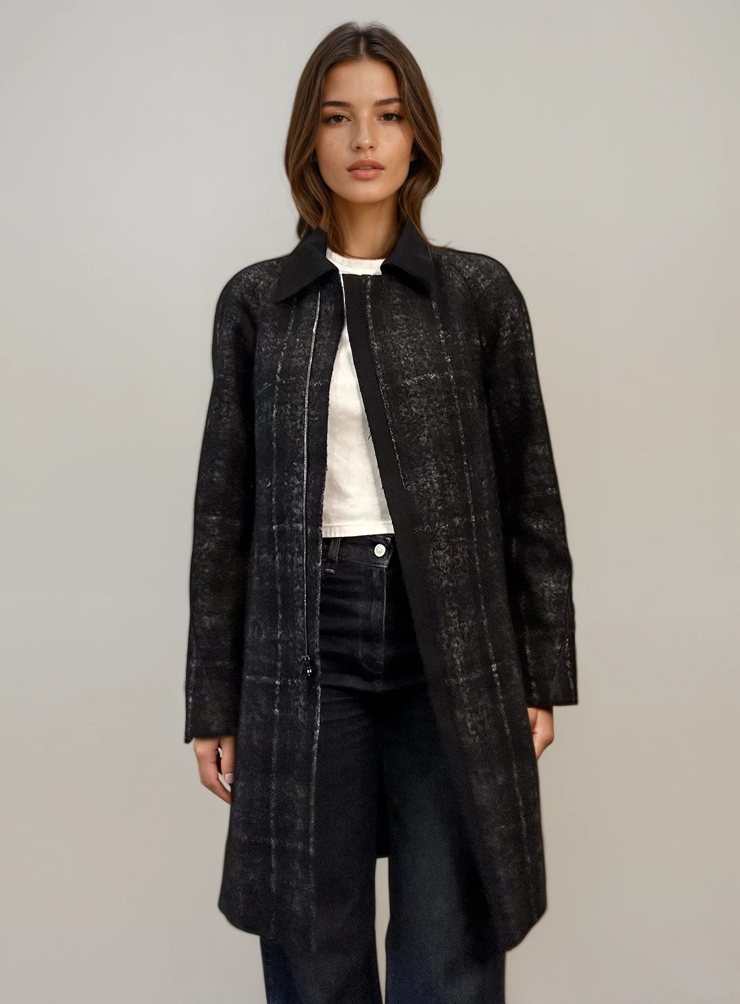 Jil Sander Black and Grey Plaid Coat