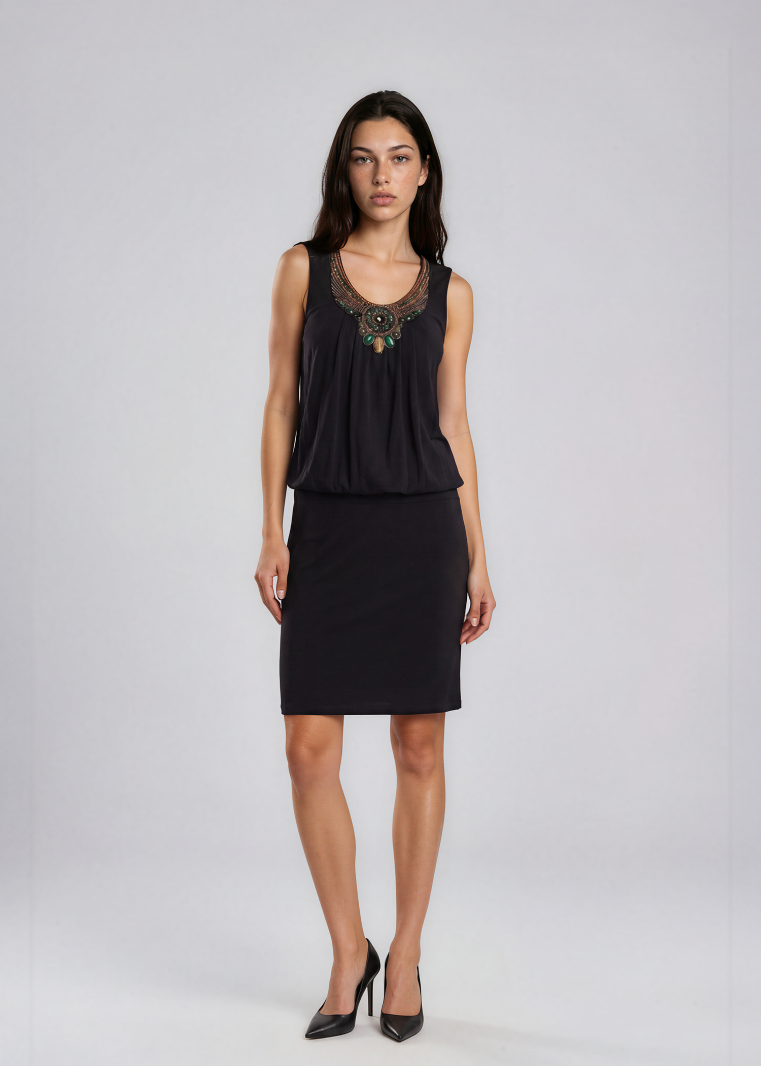 Escada Black Beaded Neckline Midi Dress