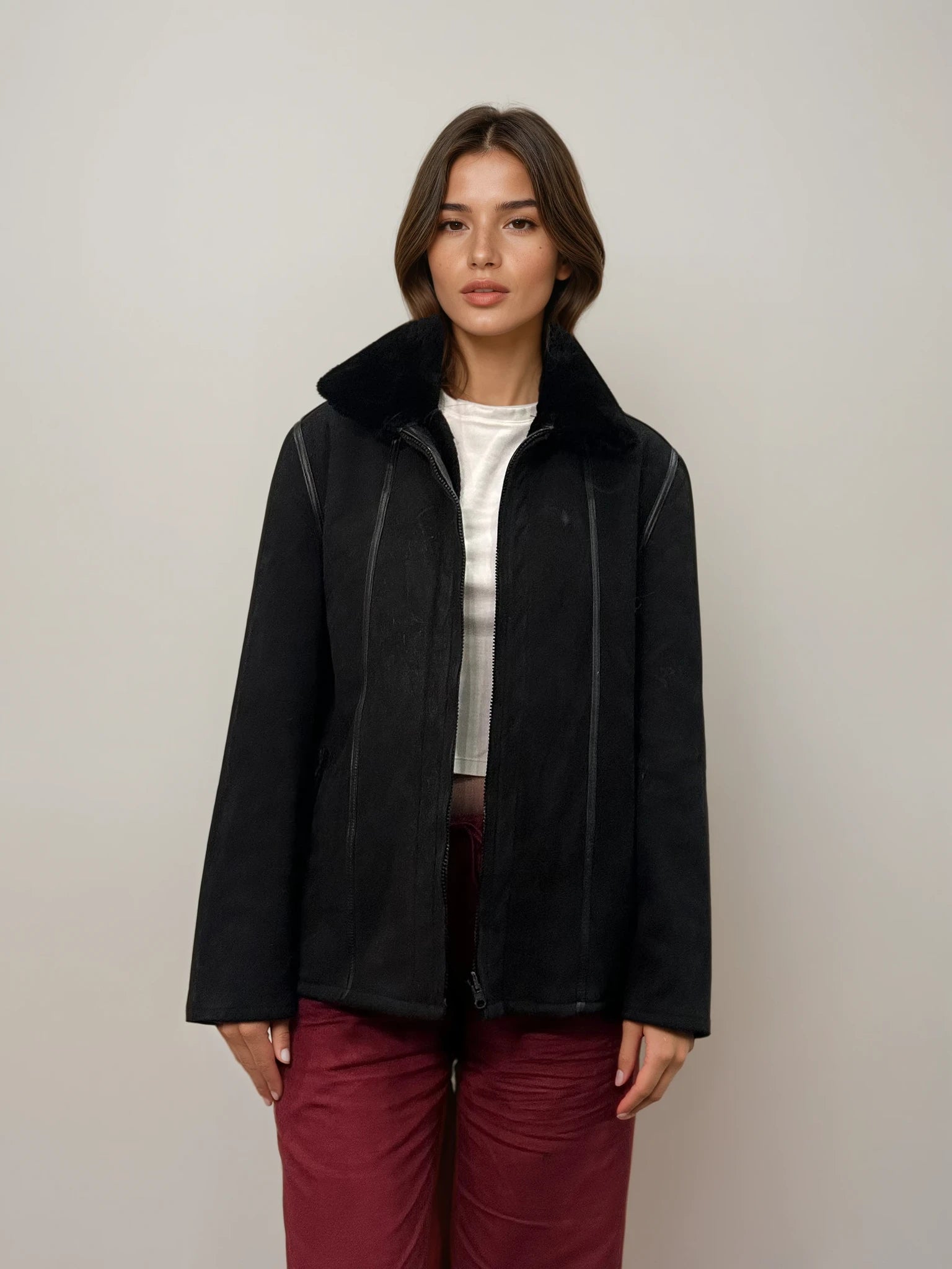 Black Suede and Fur Coat
