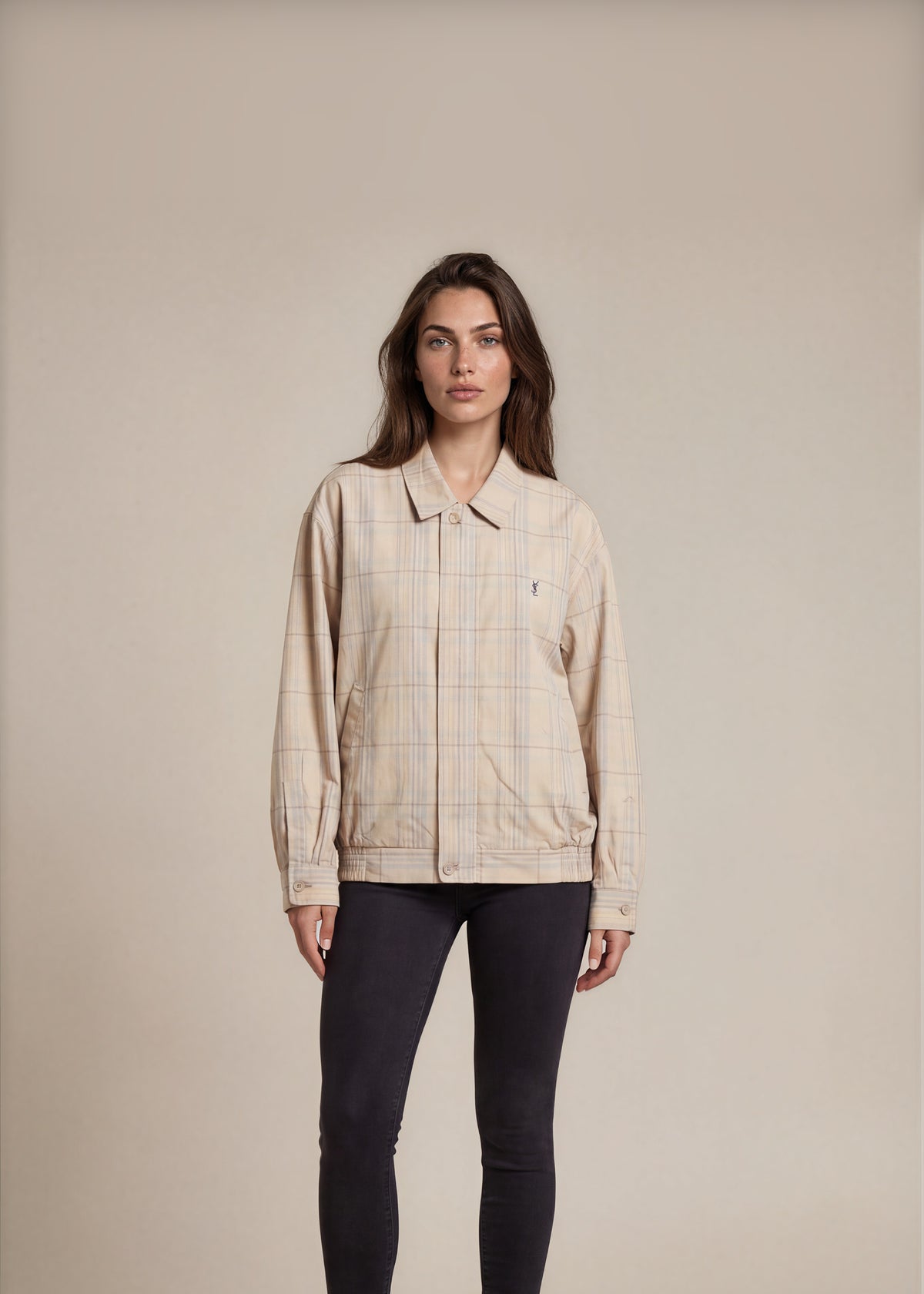 YSL Beige Checkered Harrington Jacket front