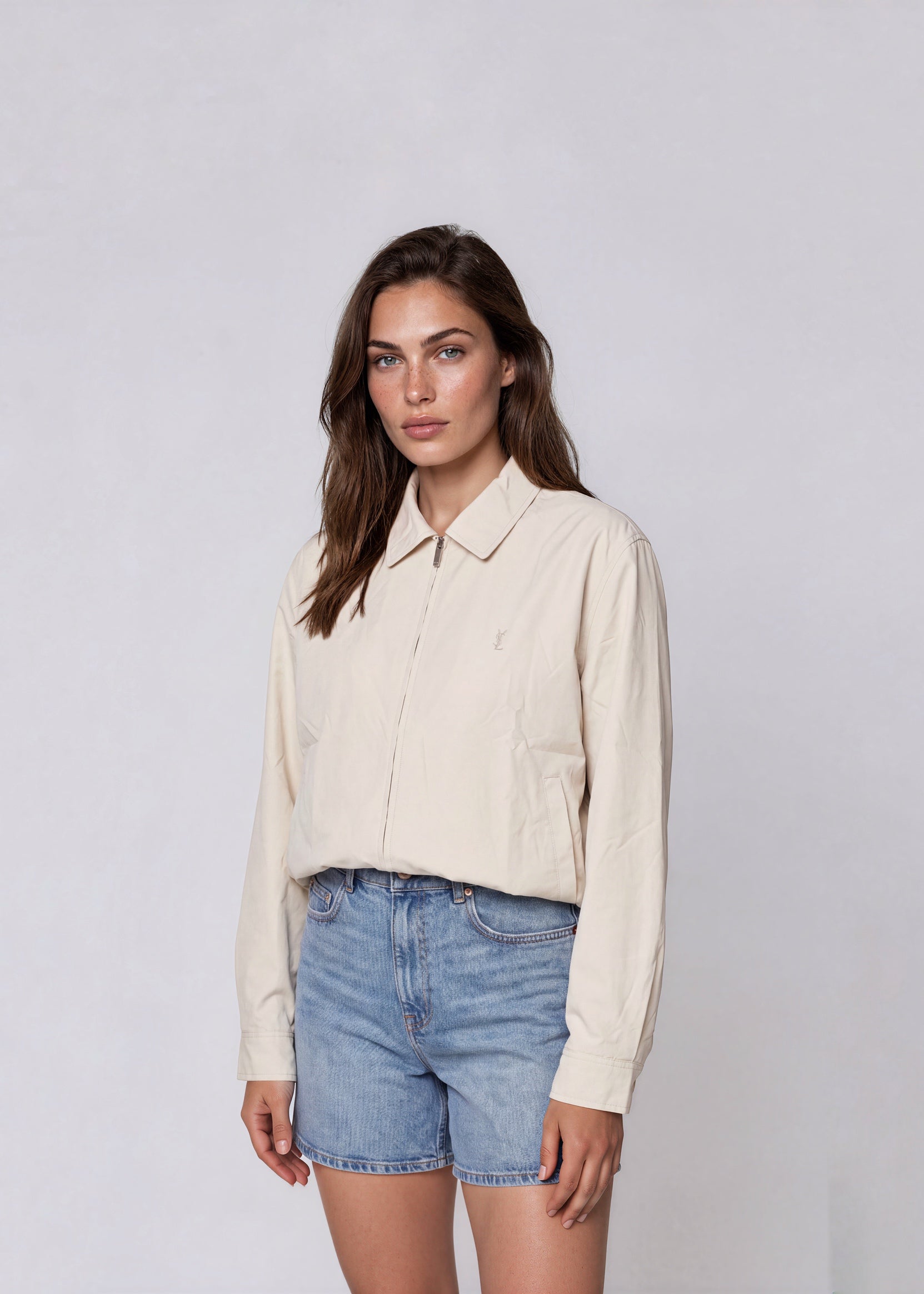 YSL Cream Classic Collared Bomber with Tan Logo