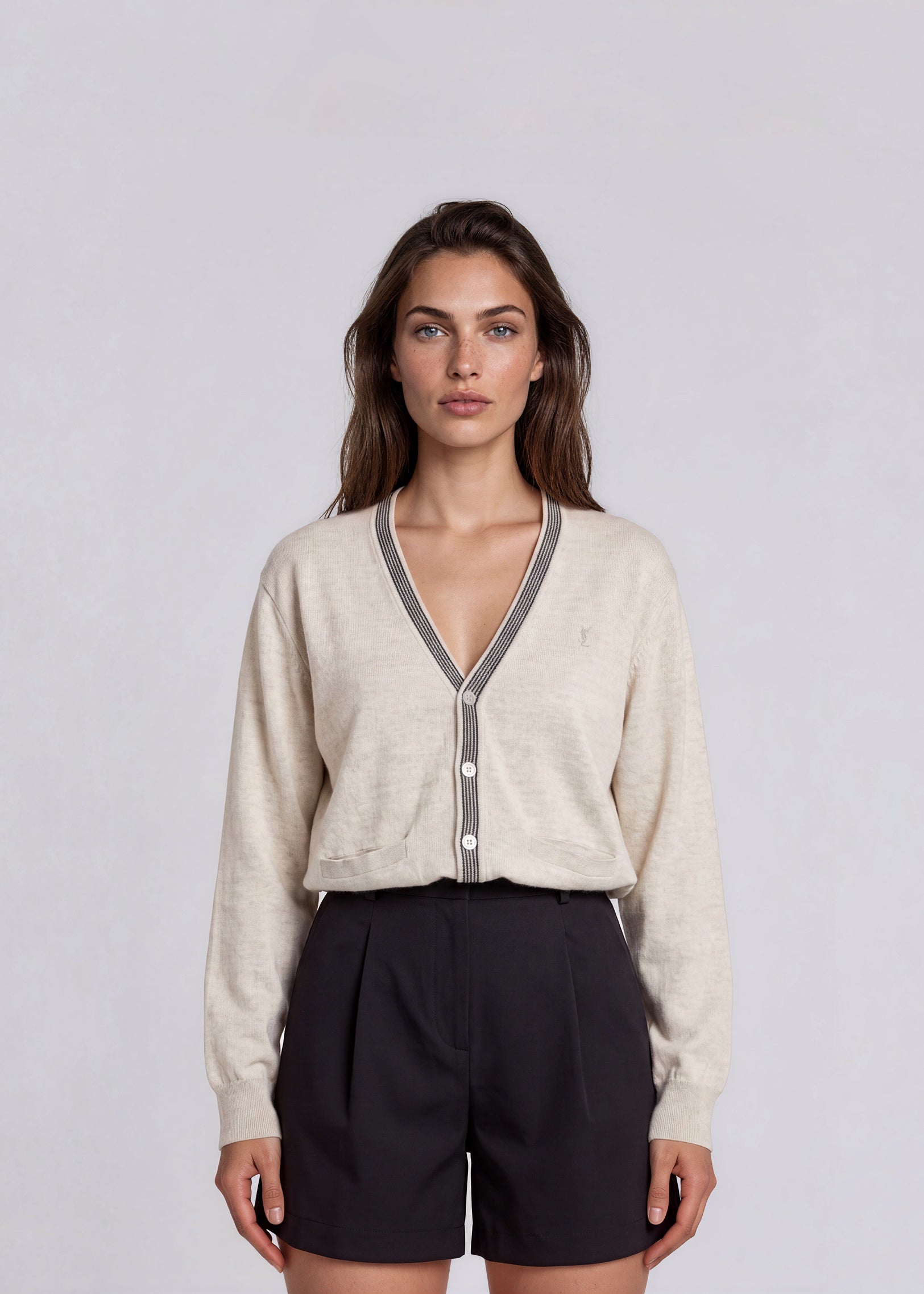 YSL Cream Cardigan with Striped Trim