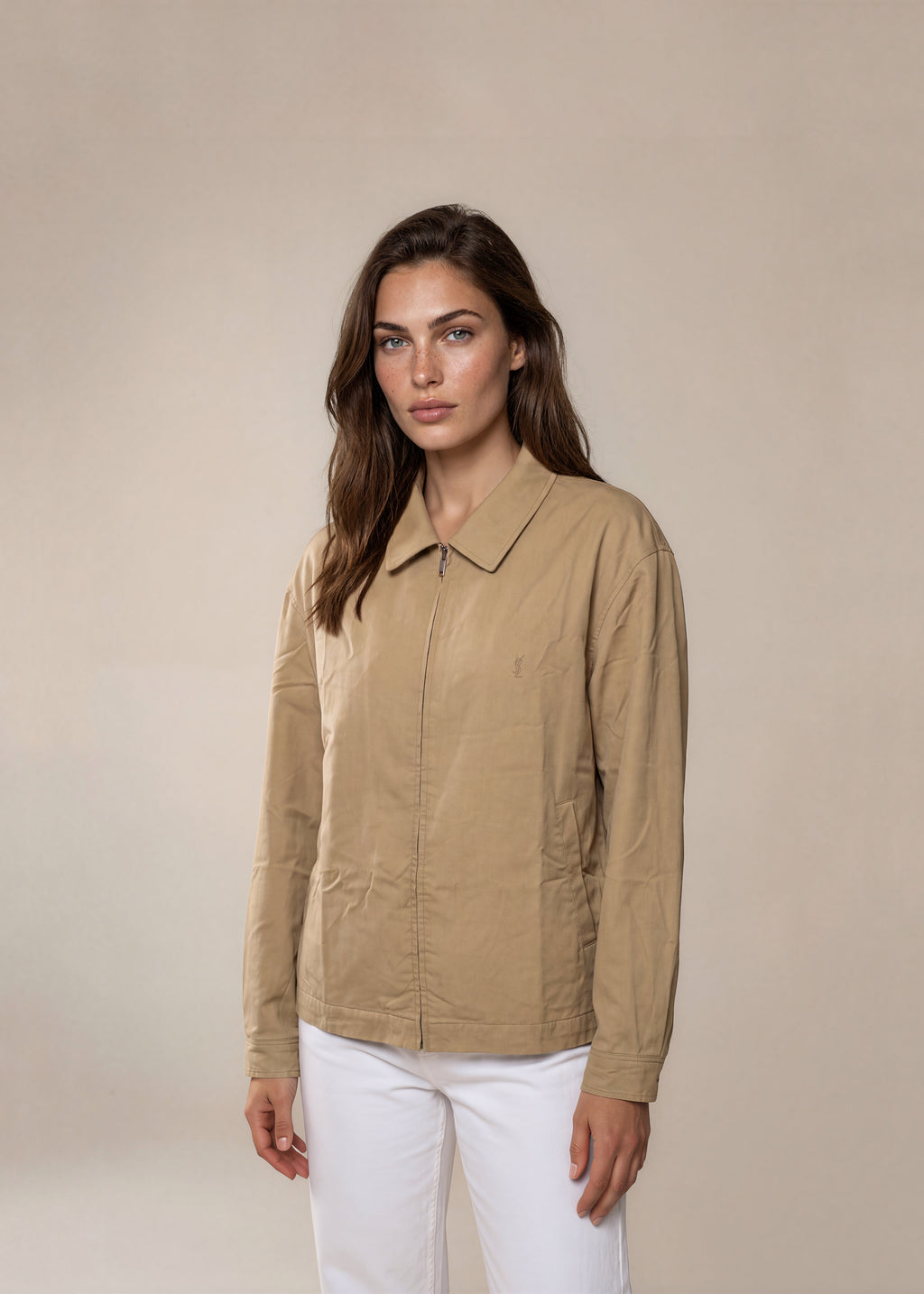 YSL Tan Khaki Classic Collared Bomber with Gold Logo