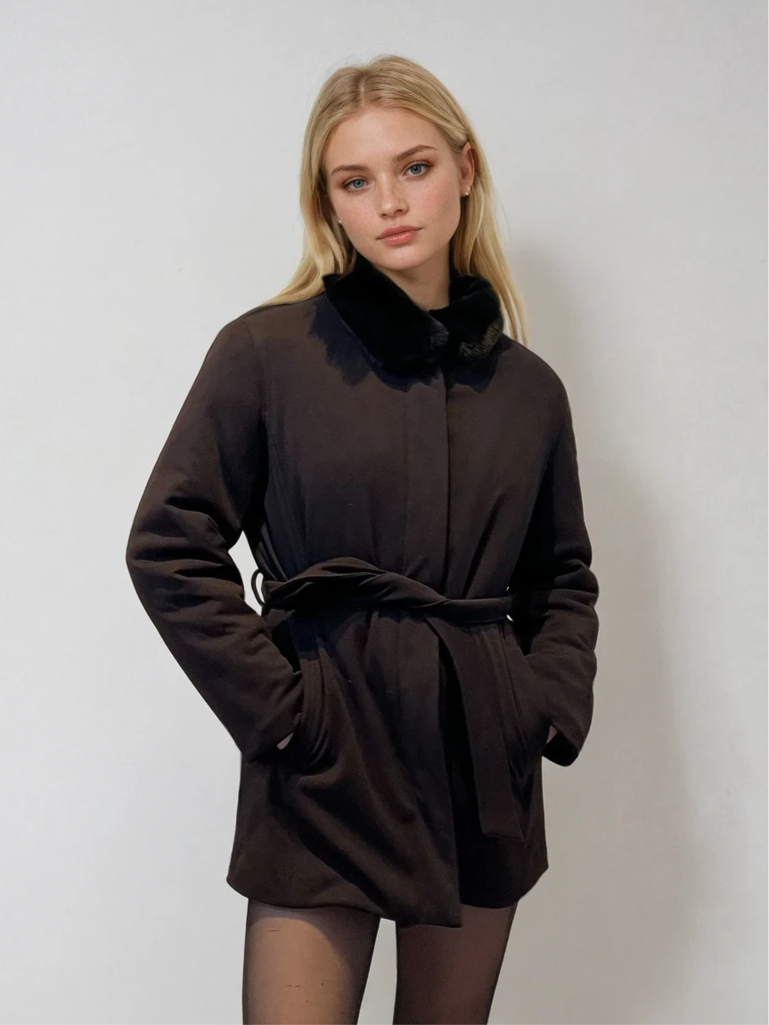 Armani Brown and Fur Coat