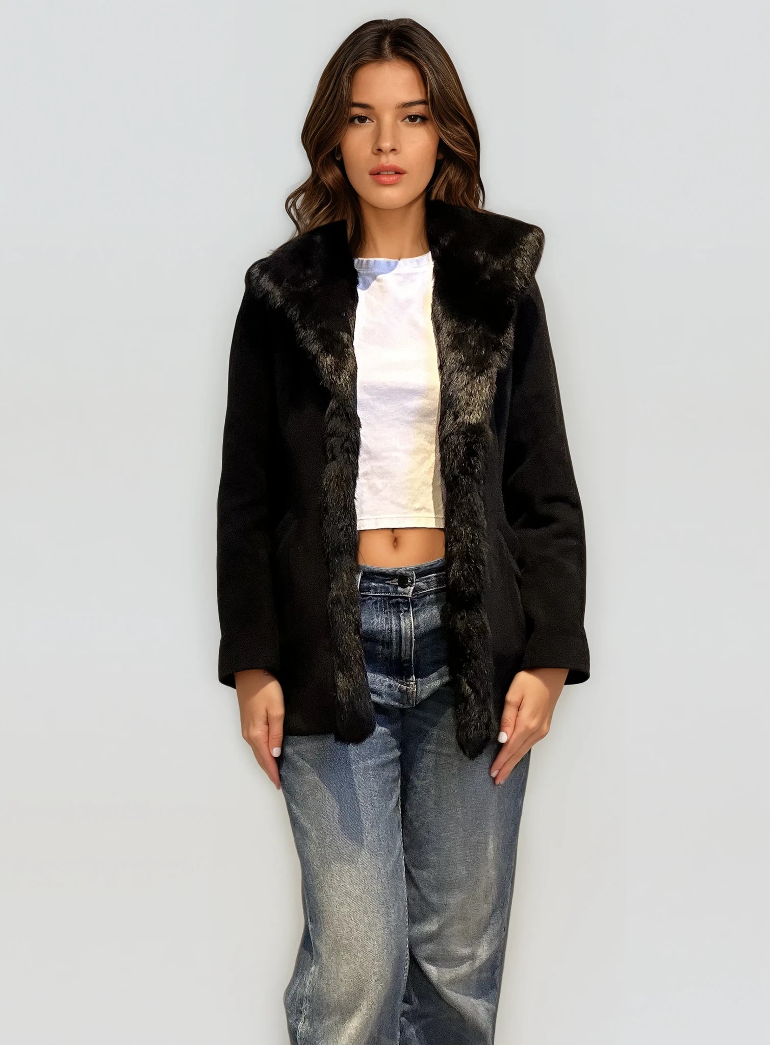 Black Wool and Fur Coat