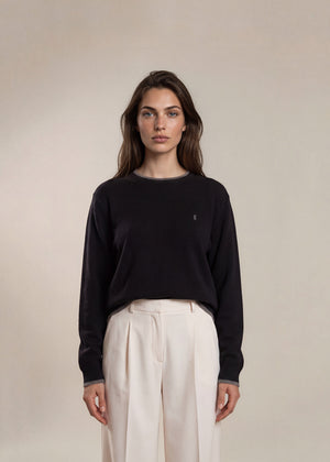 YSL Black Crewneck Sweater with Grey Trim