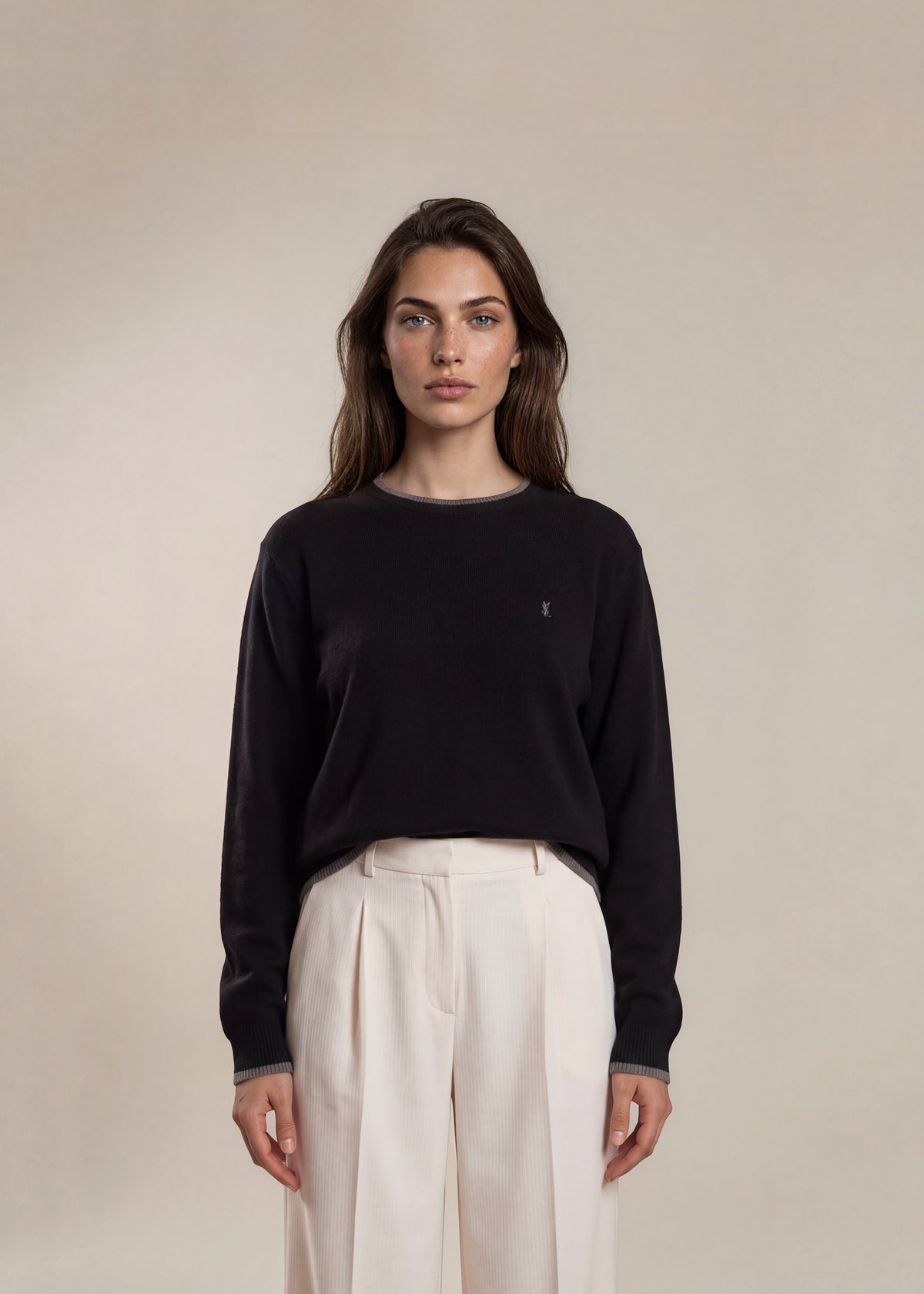 YSL Black Crewneck Sweater with Grey Trim