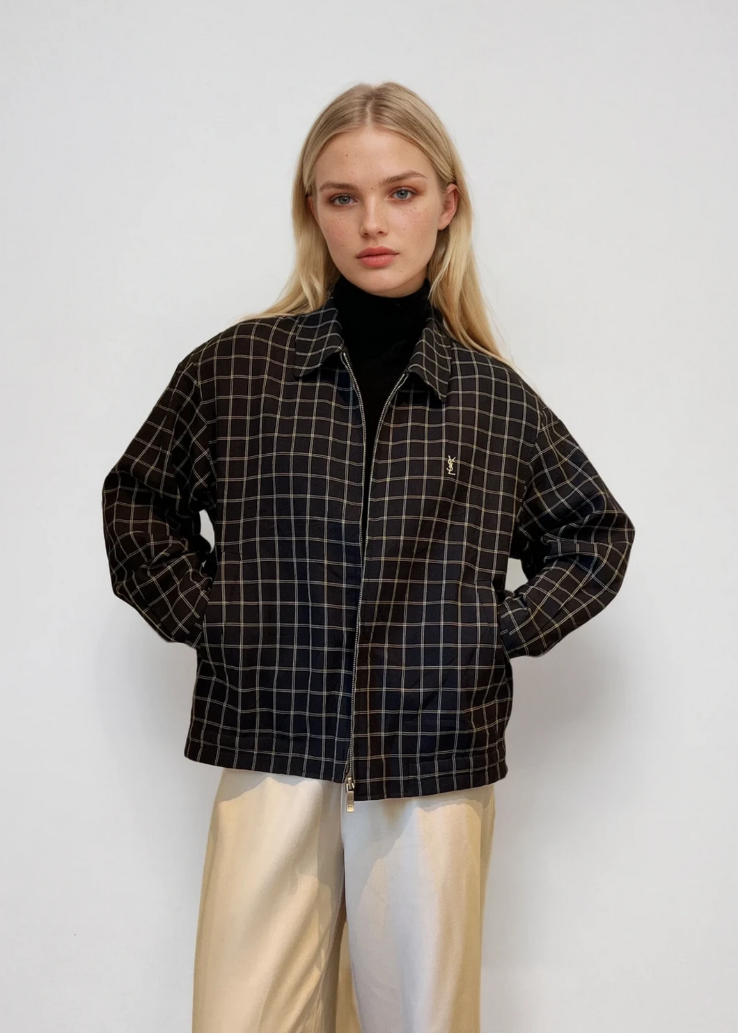 YSL Navy Checked Bomber