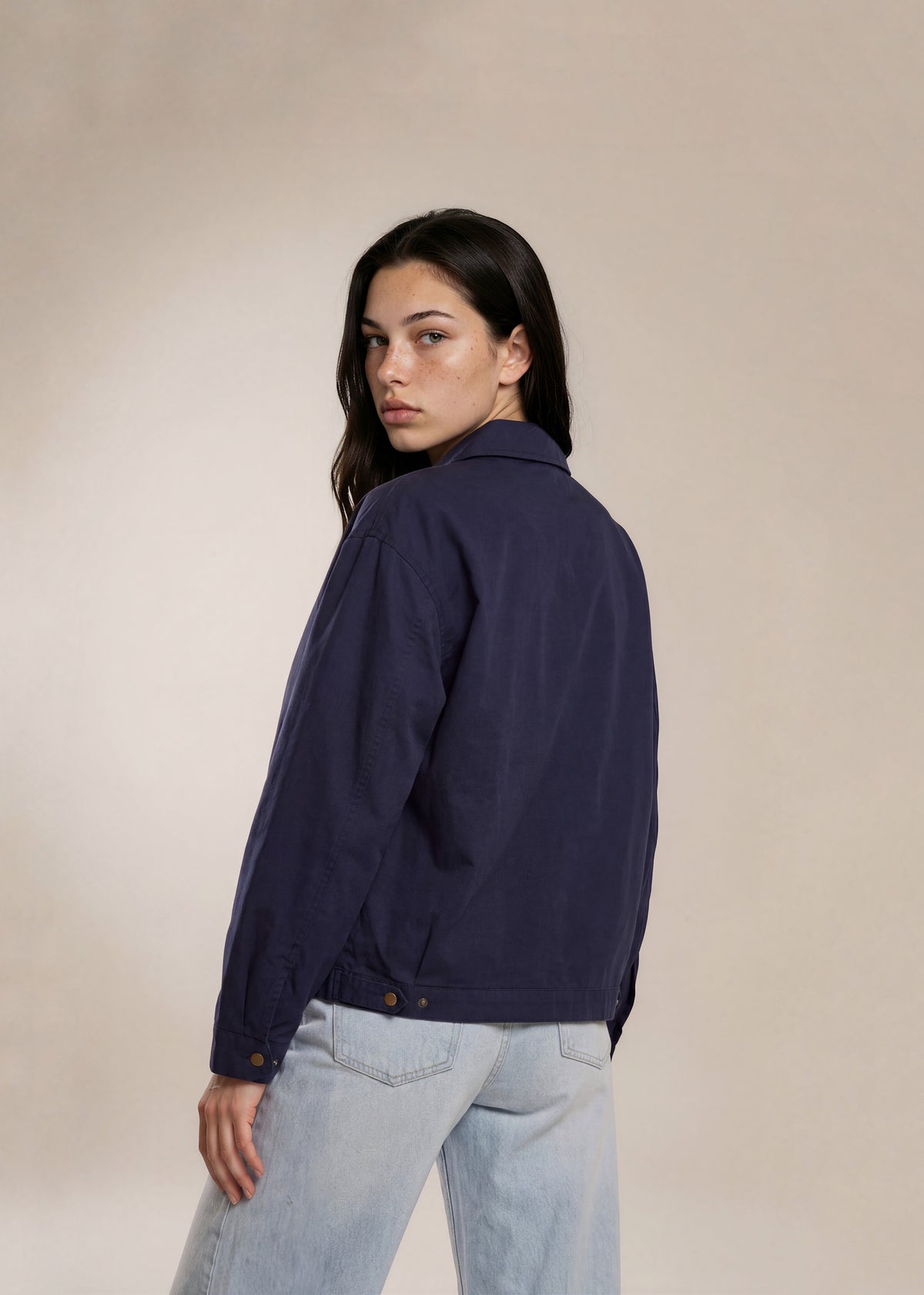 YSL Navy Solid Classic Collared Bomber with White Logo