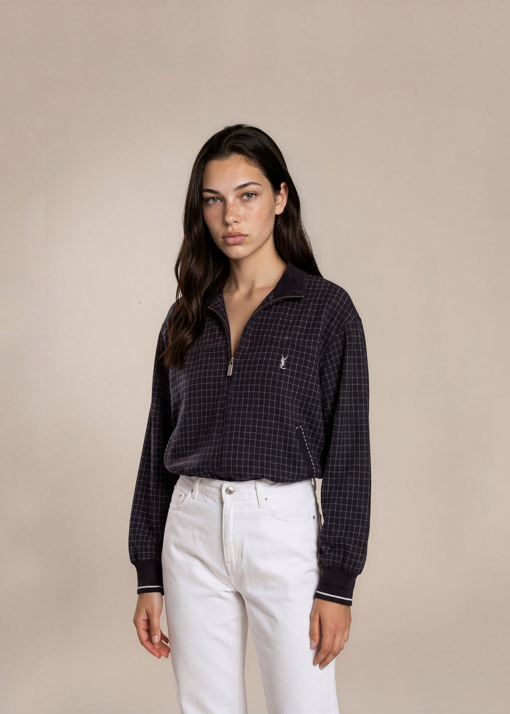 YSL Black Plaid and Striped Knit Collared Bomber