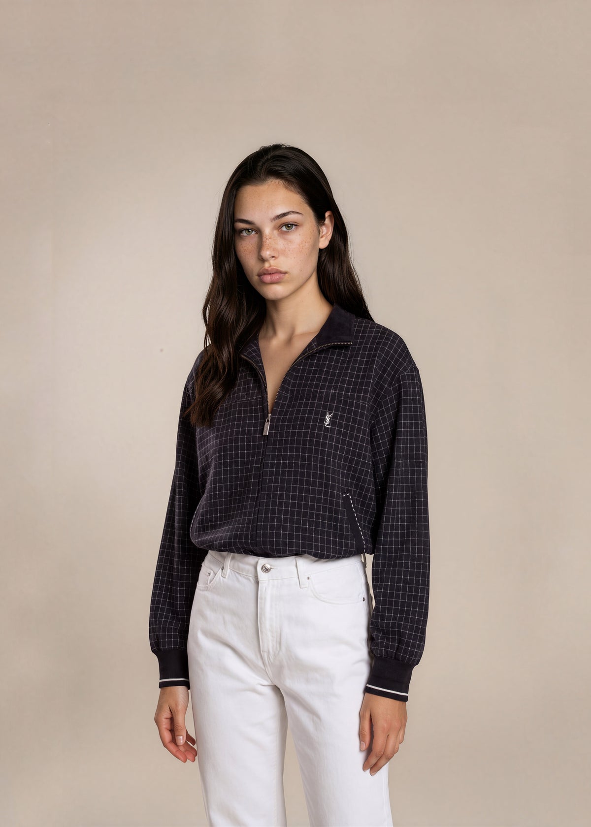 YSL Black Plaid and Striped Knit Collared Bomber