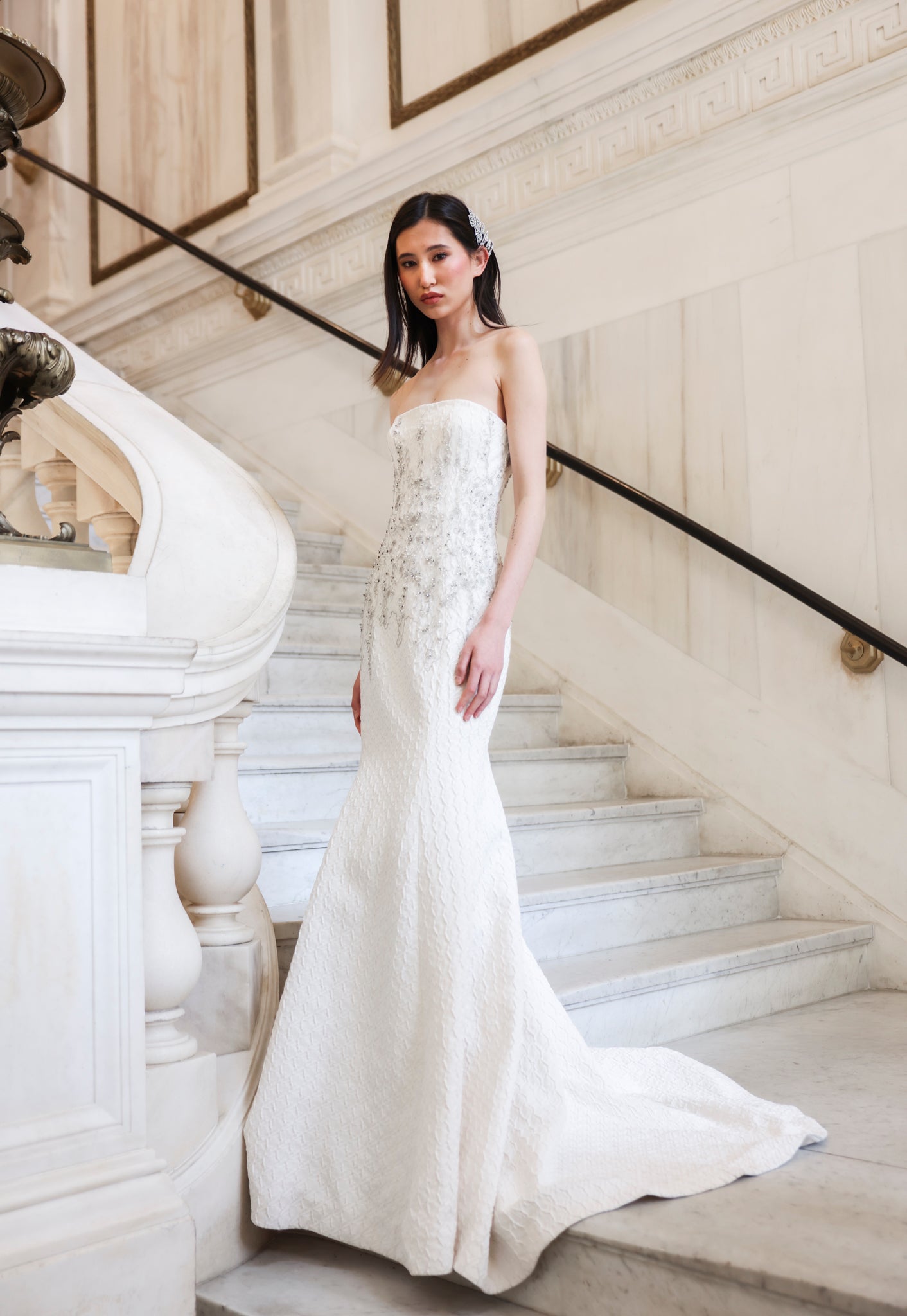 White Strapless Embroidered Gown