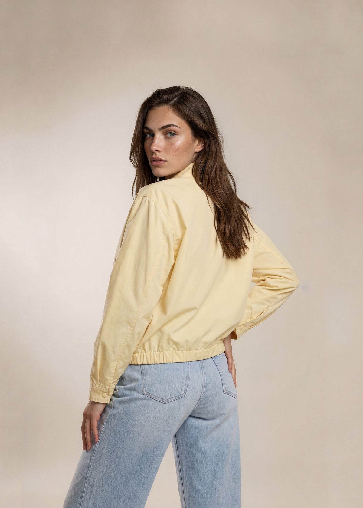 YSL Baby Yellow Windbreaker Zip Collar Bomber with Grey Logo