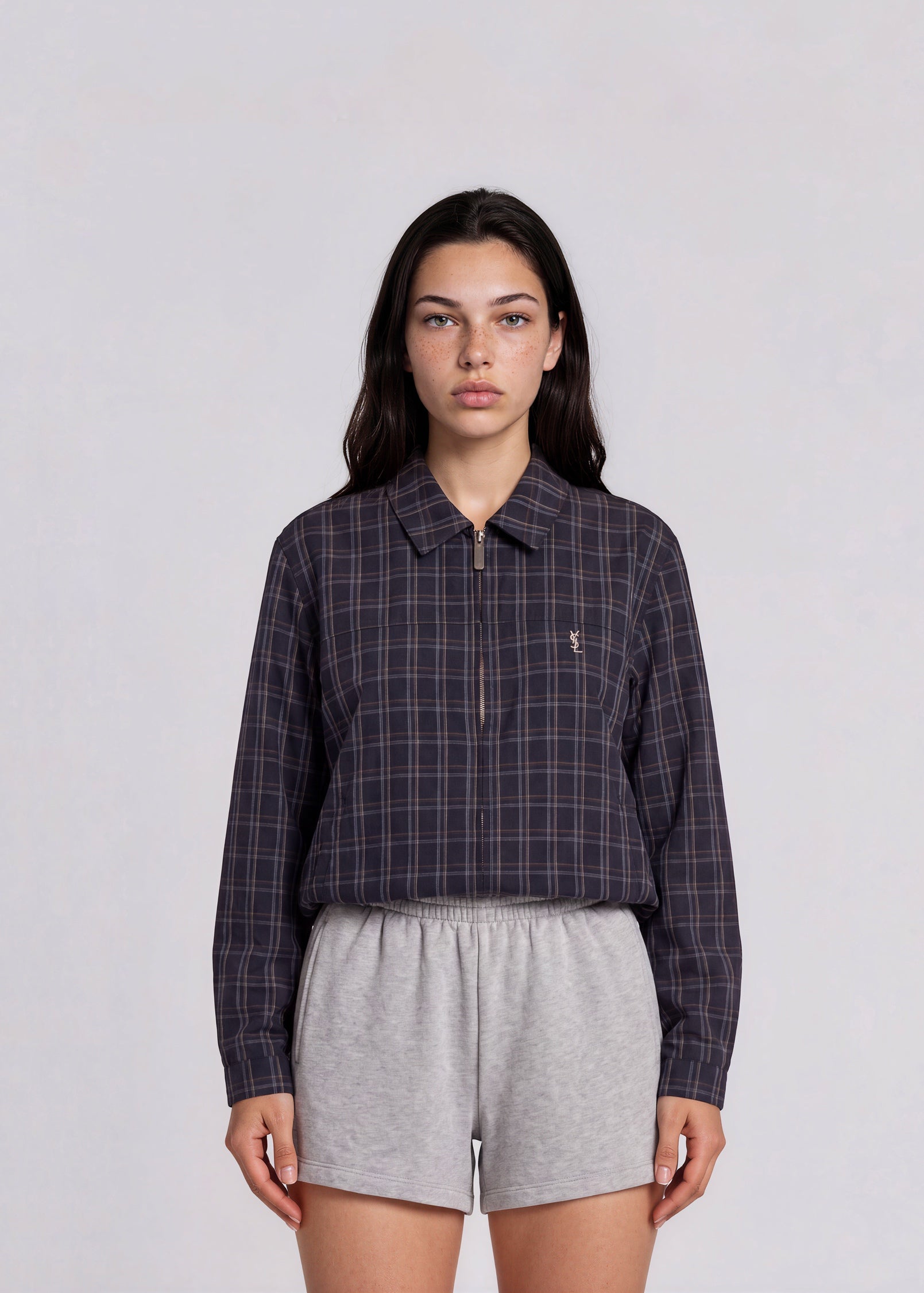 YSL Navy Plaid Collared Bomber