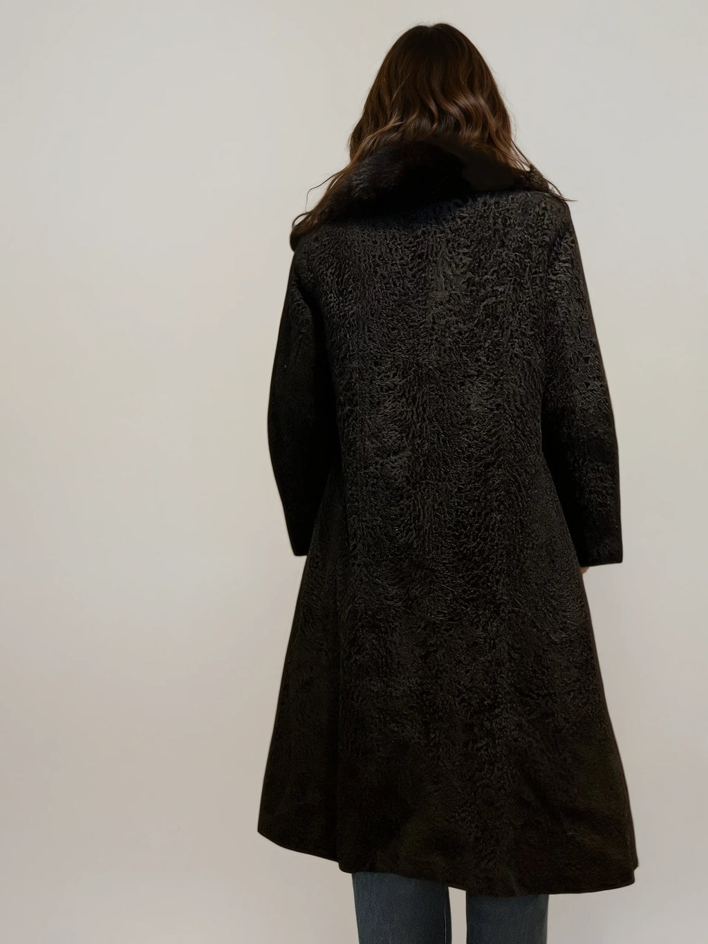 Black Printed Coat With Brown Fur Collar