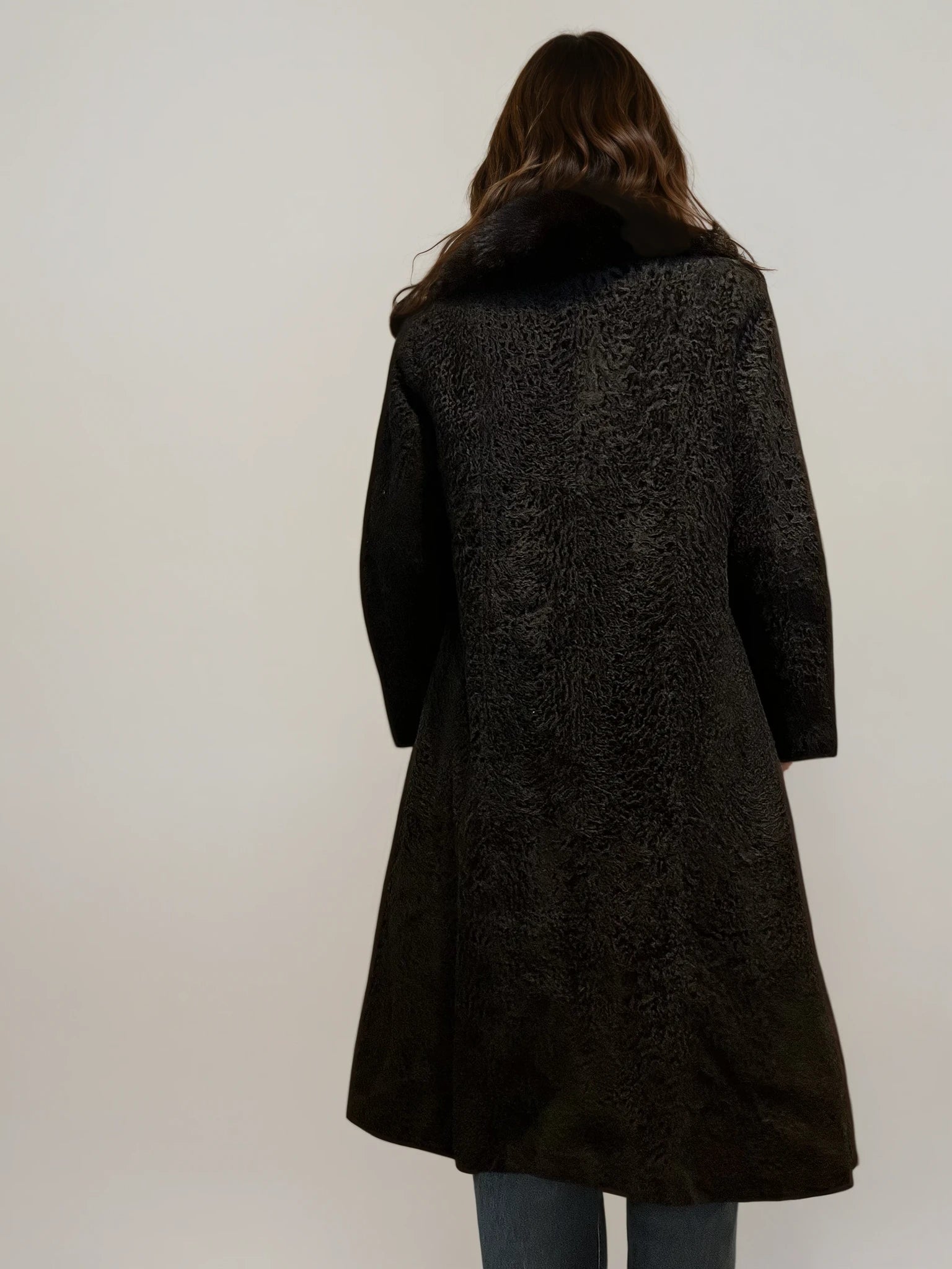 Black Printed Coat With Brown Fur Collar