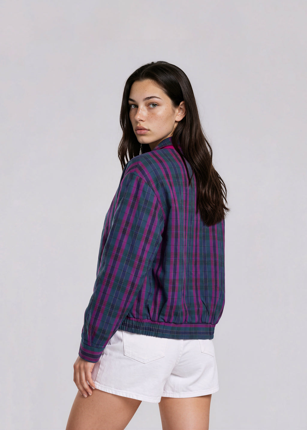 YSL Purple and Green Plaid Collared Bomber