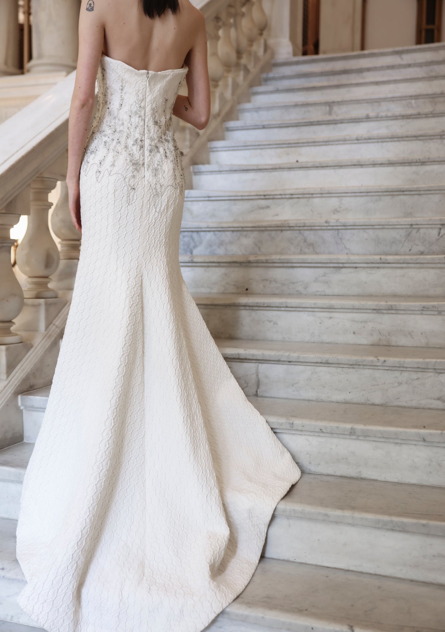 White Strapless Embroidered Gown