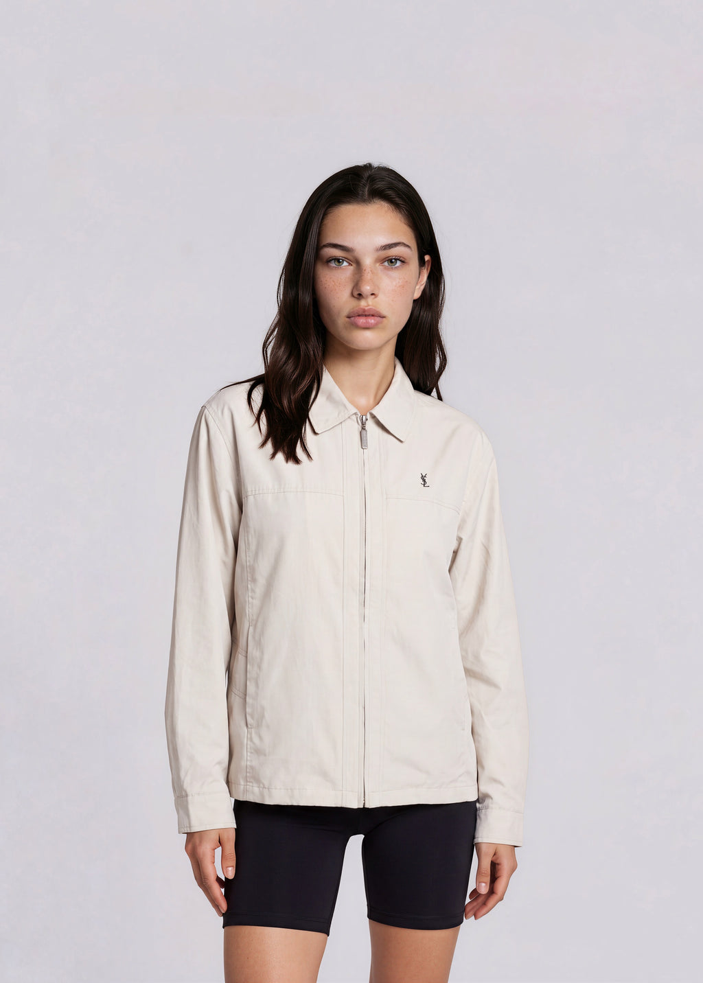 YSL Beige Collared Bomber with Navy Logo