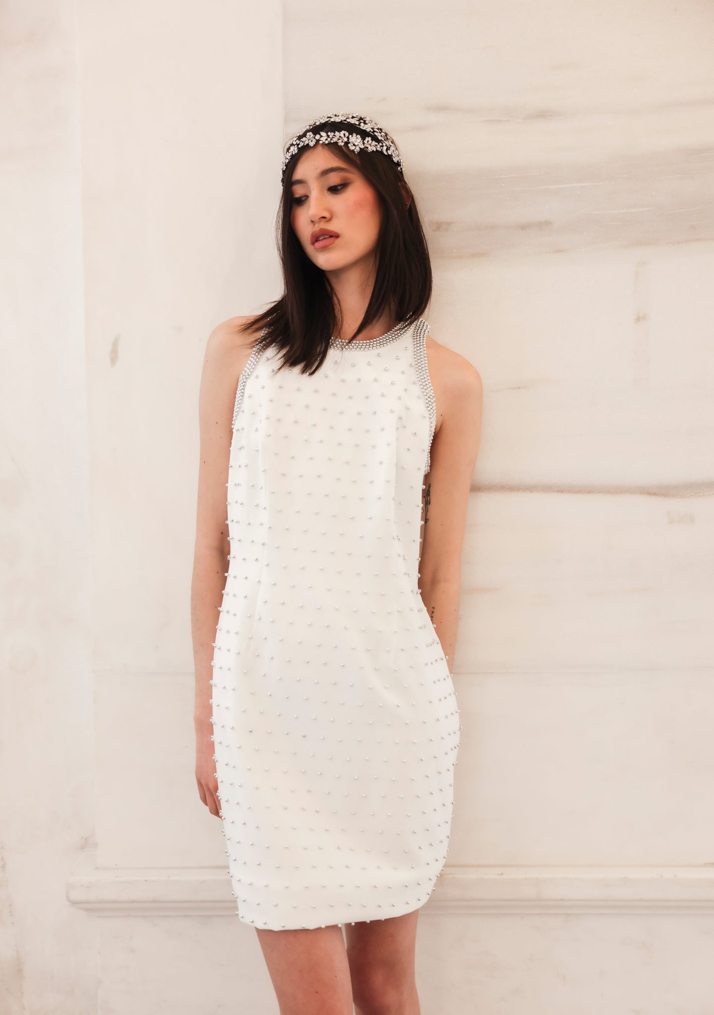 White Studded Halter Mini Dress