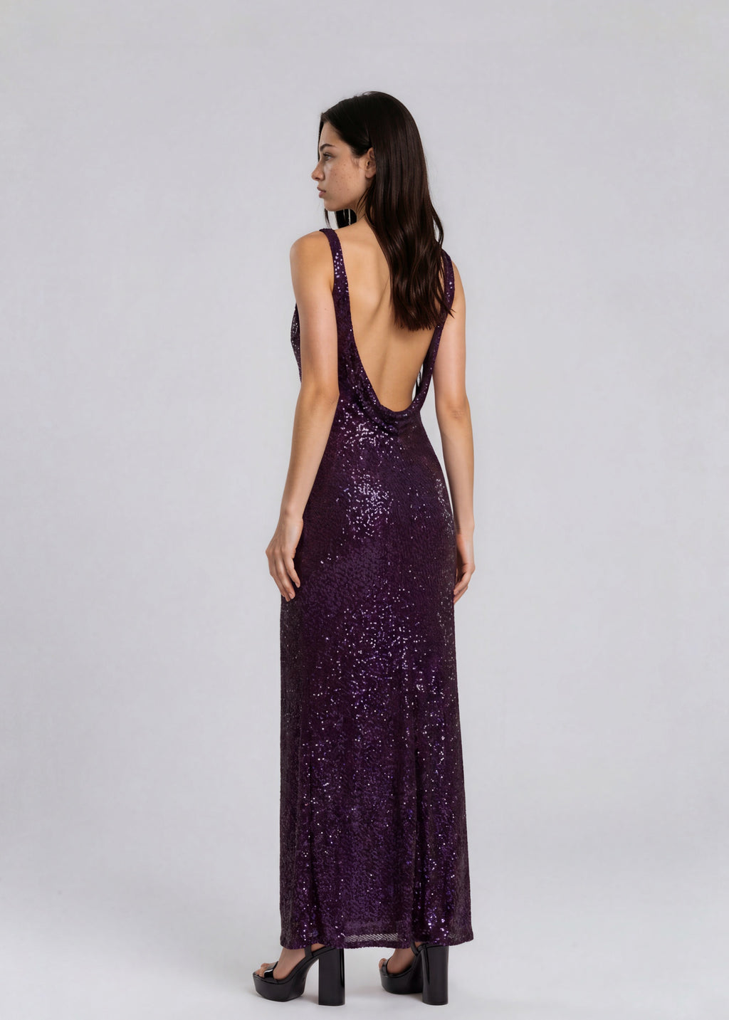 Purple Cowl Neck Embellished Gown