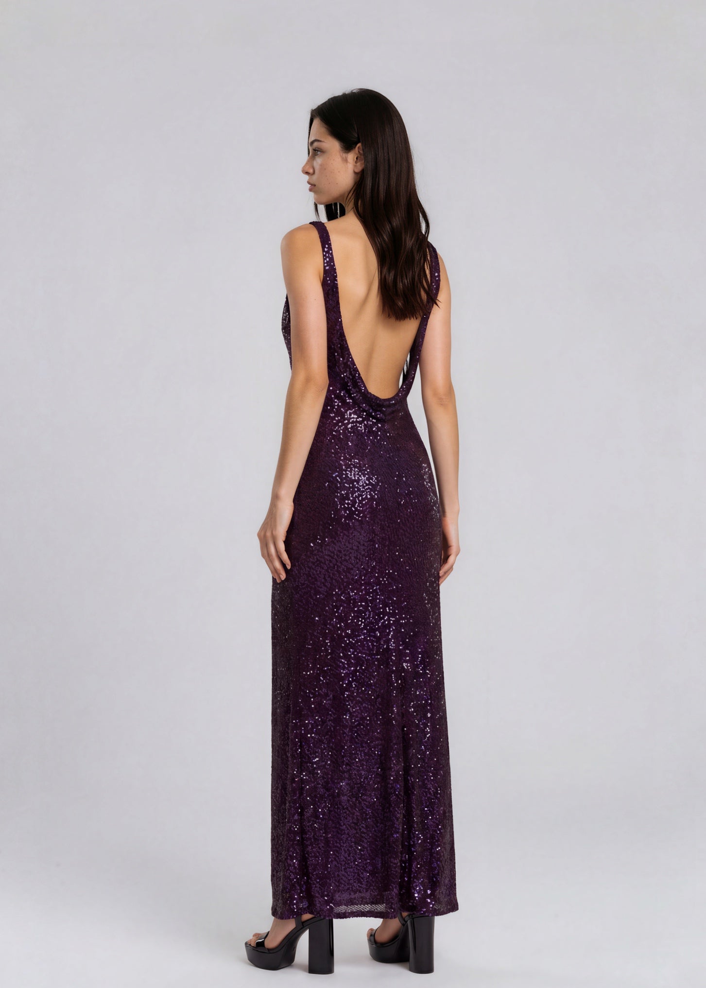 Purple Cowl Neck Embellished Gown