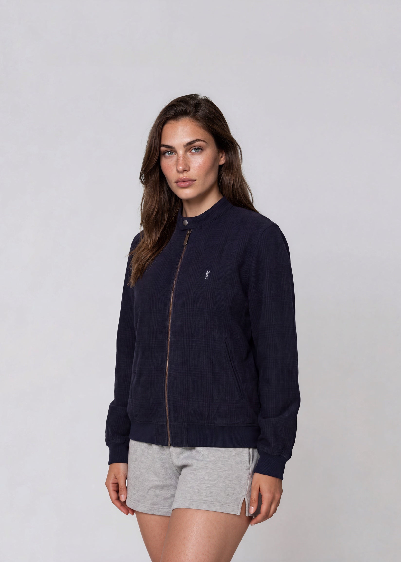 YSL Dark Navy Plaid Snap Collar Bomber
