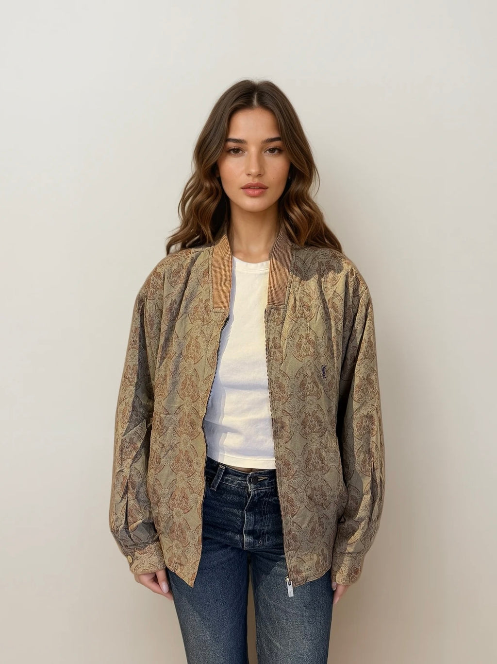 YSL Tan and Red Patterned Bomber