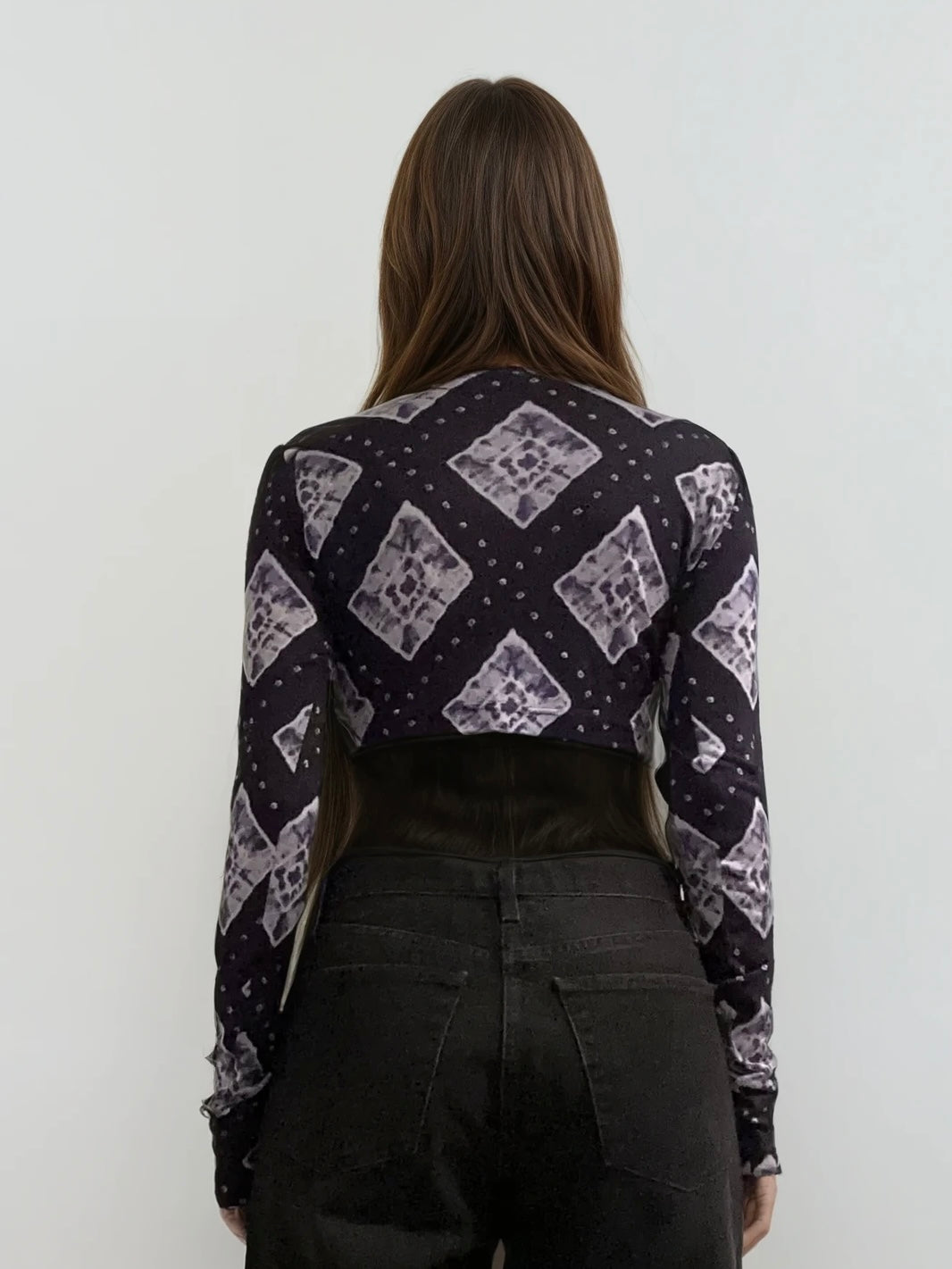 Blue Printed Long Sleeve Crop Top