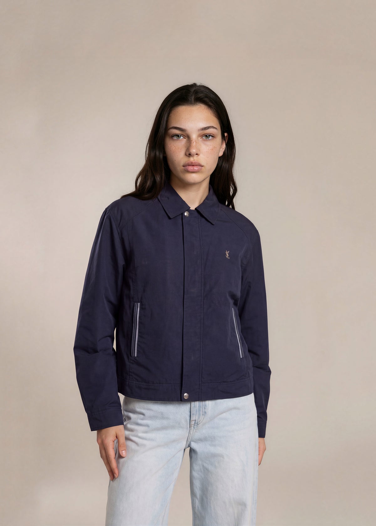 YSL Navy Classic Collared Bomber with Striped Pockets