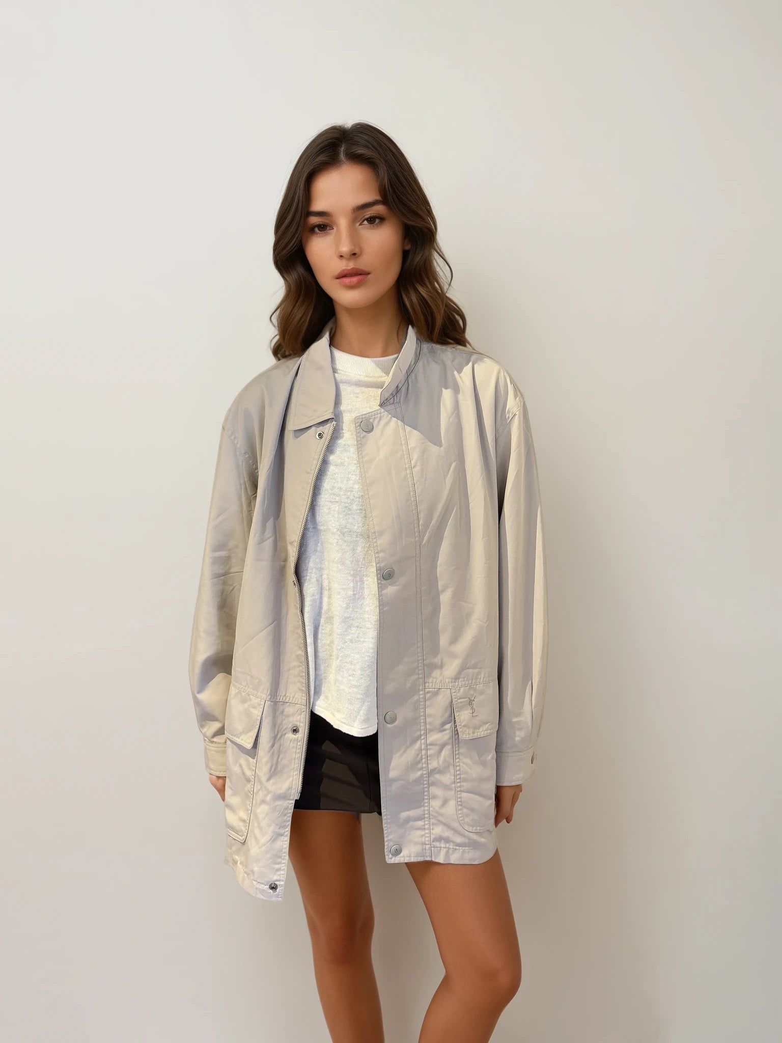 YSL Cream Pocket Bomber with Red Plaid Lining