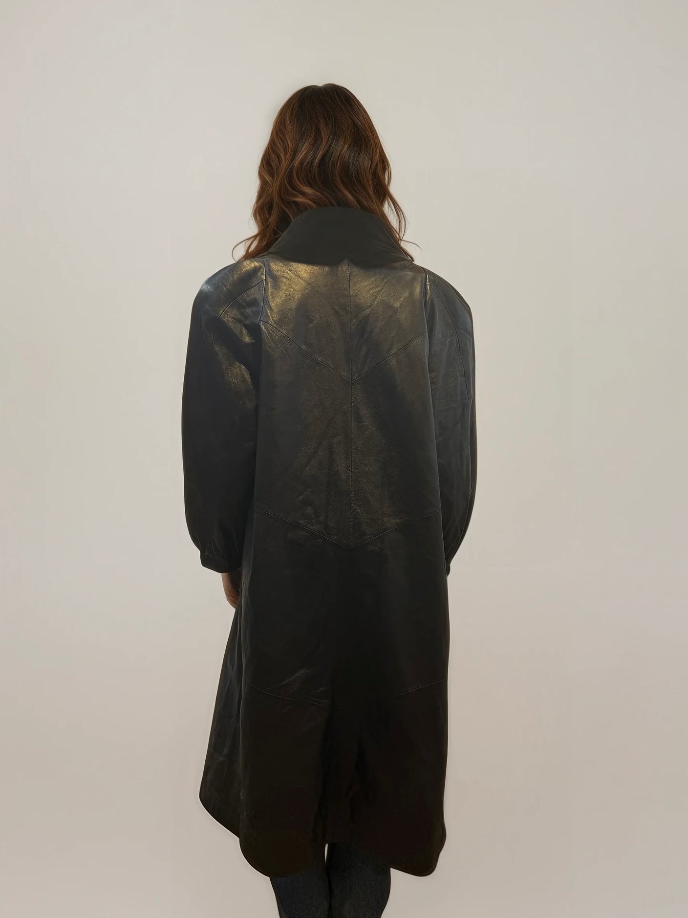 Black Leather and Fur Trim Long Coat