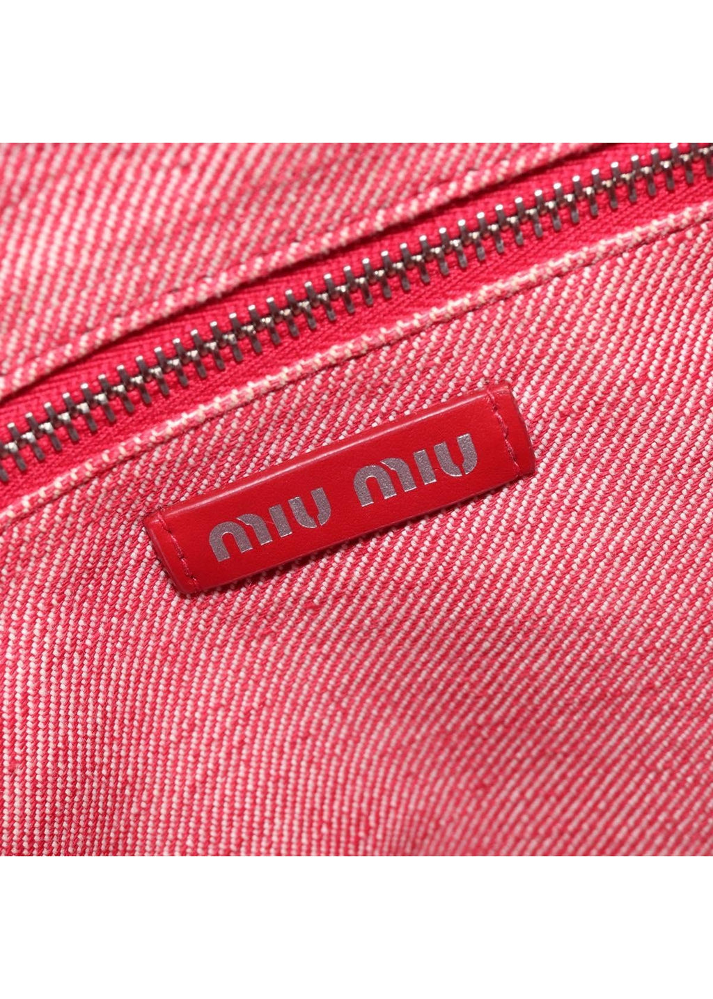 Miu Miu Red Denim Spellout Tote brand stamp