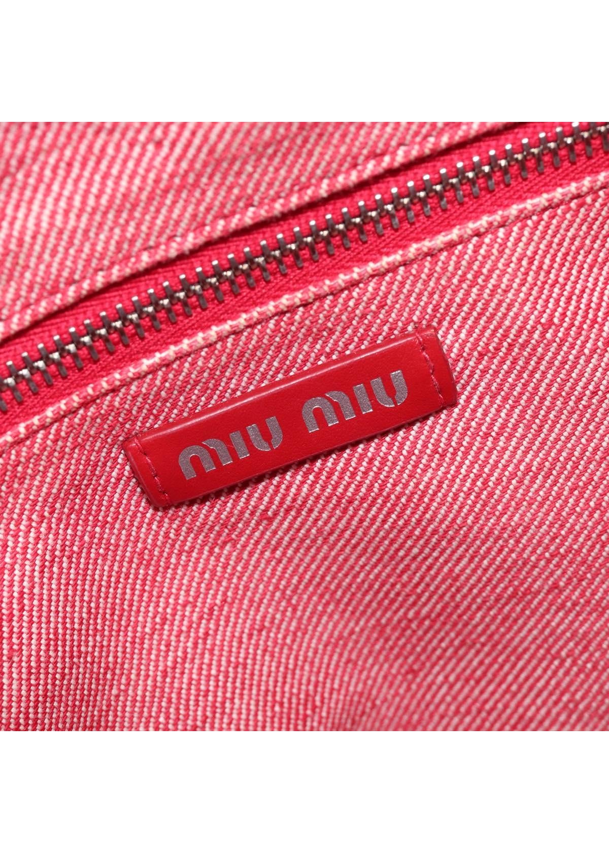 Miu Miu Red Denim Spellout Tote brand stamp