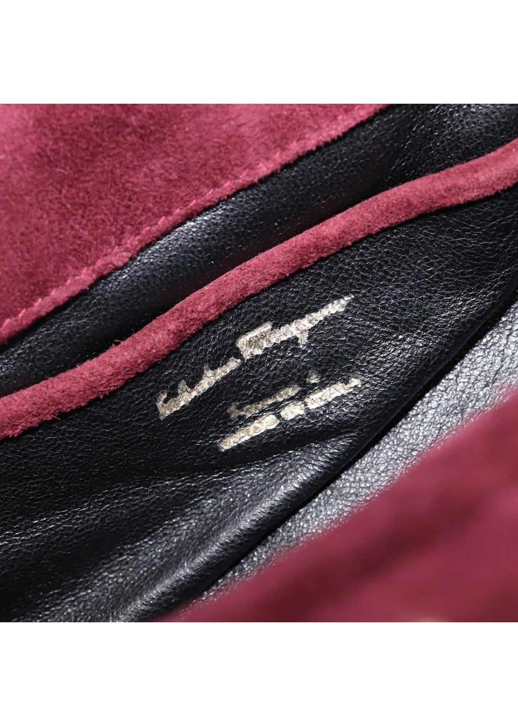 Ferragamo Burgundy Suede Shoulder Bag brand stamp