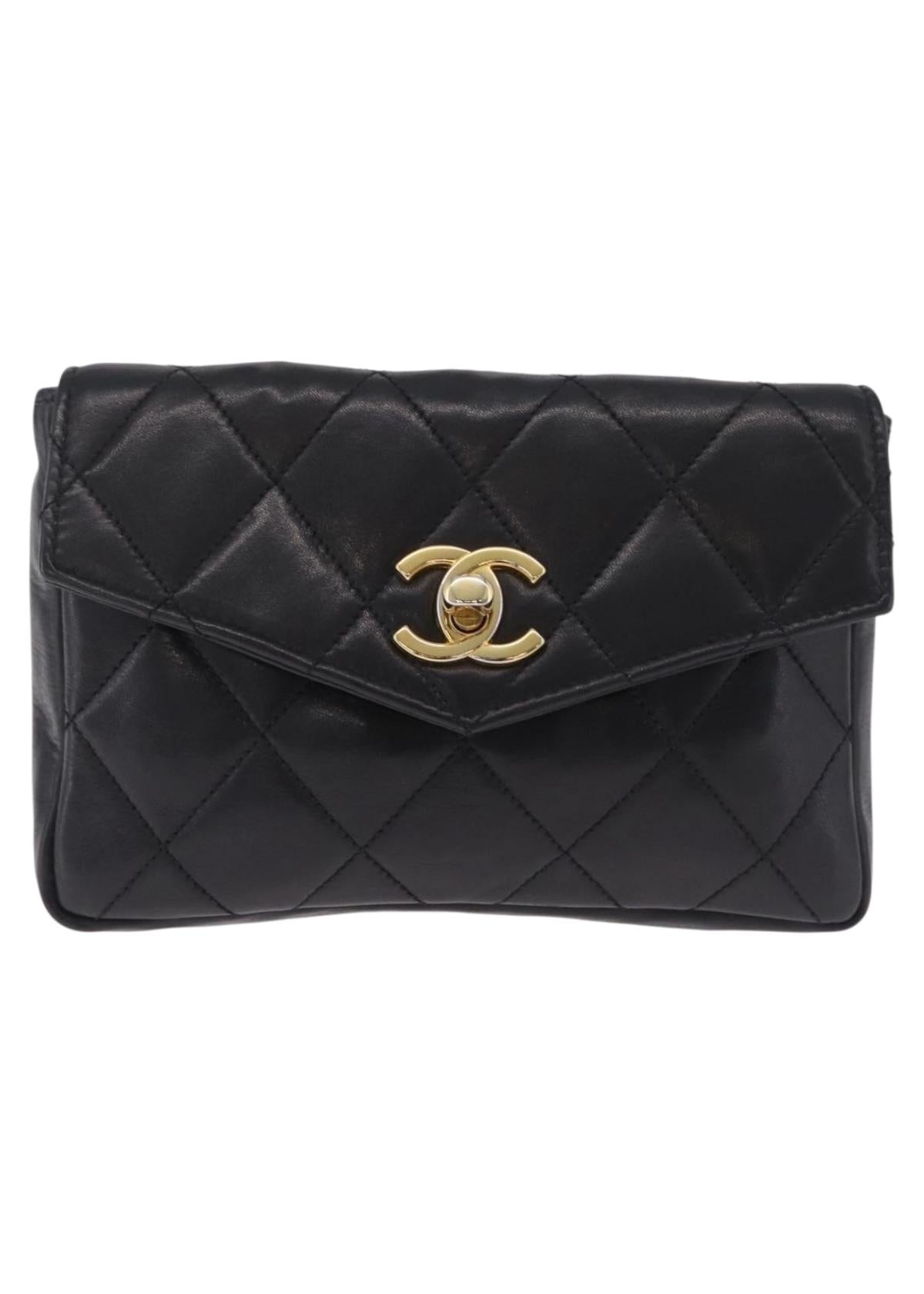 Chanel Black and Gold Quilted Belt Bag front
