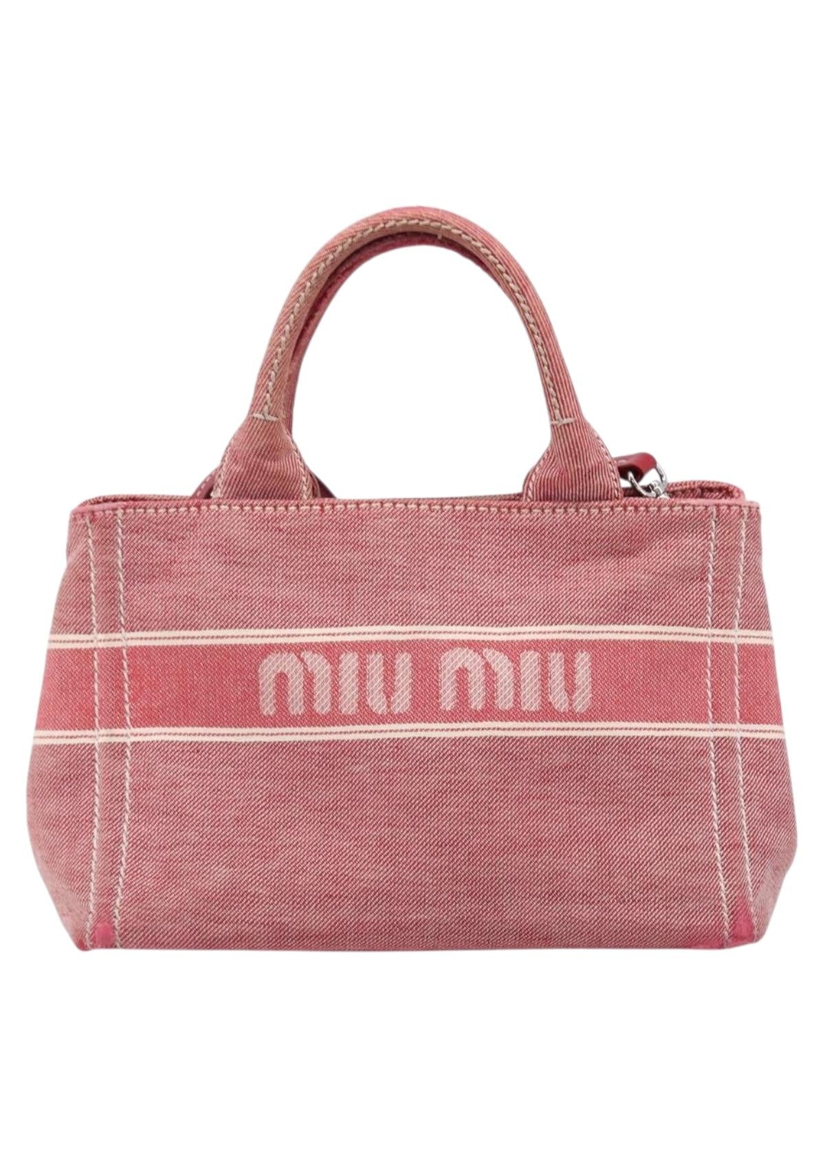 Miu Miu Red Denim Spellout Tote front