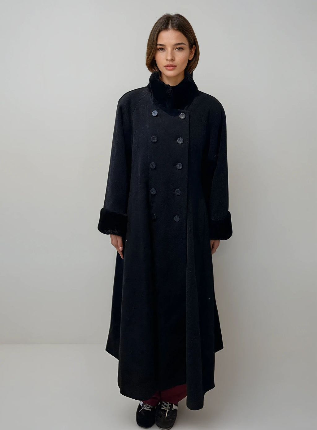 Black Fur and Wool Coat