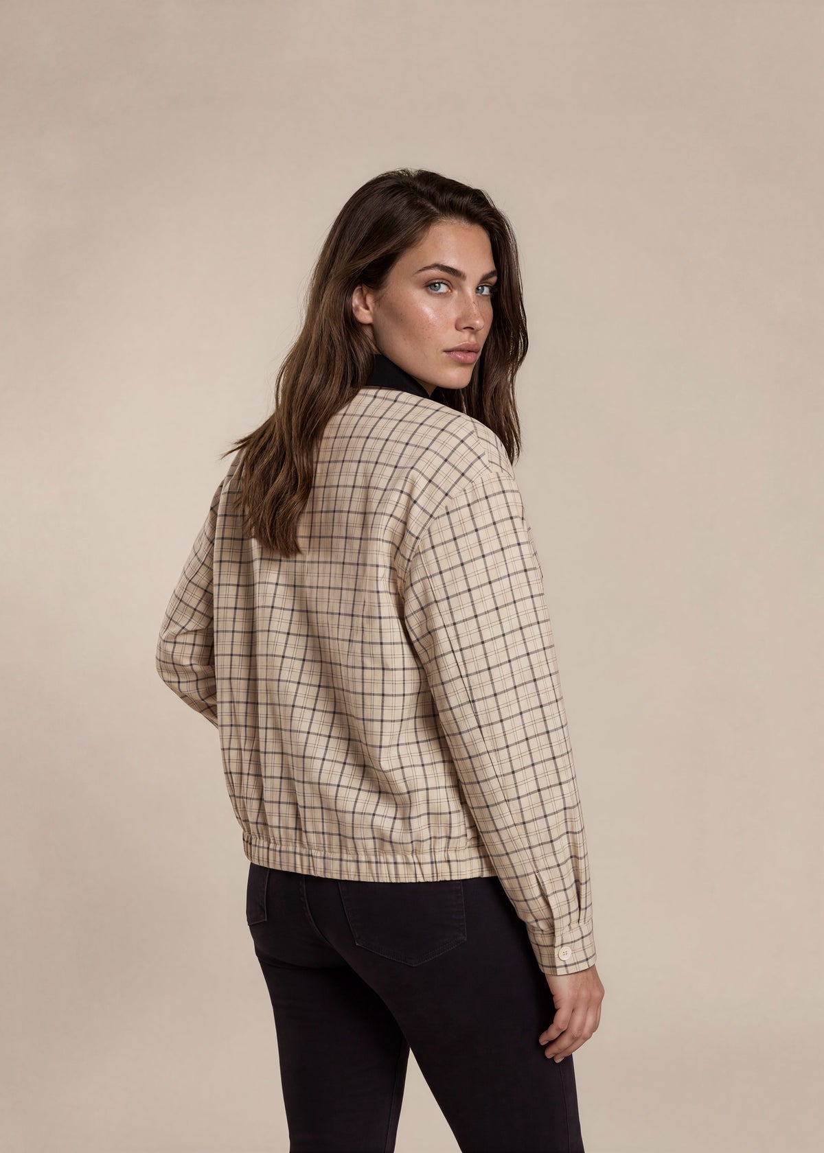YSL Cream and Navy Plaid Bomber with Navy Collar