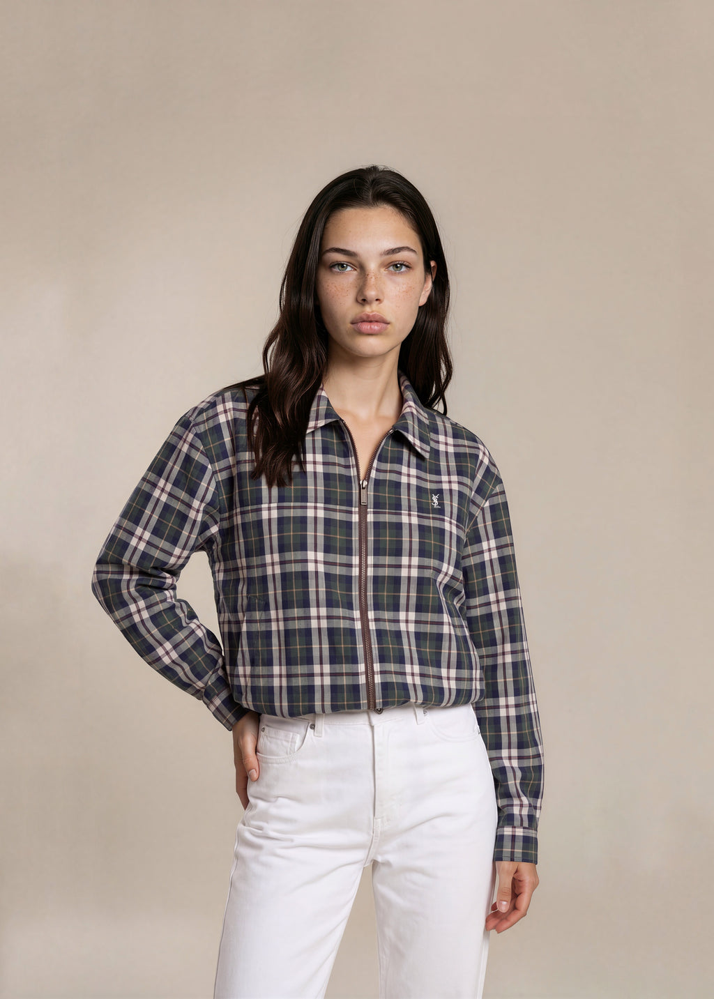 YSL Green and White Plaid Collared Bomber