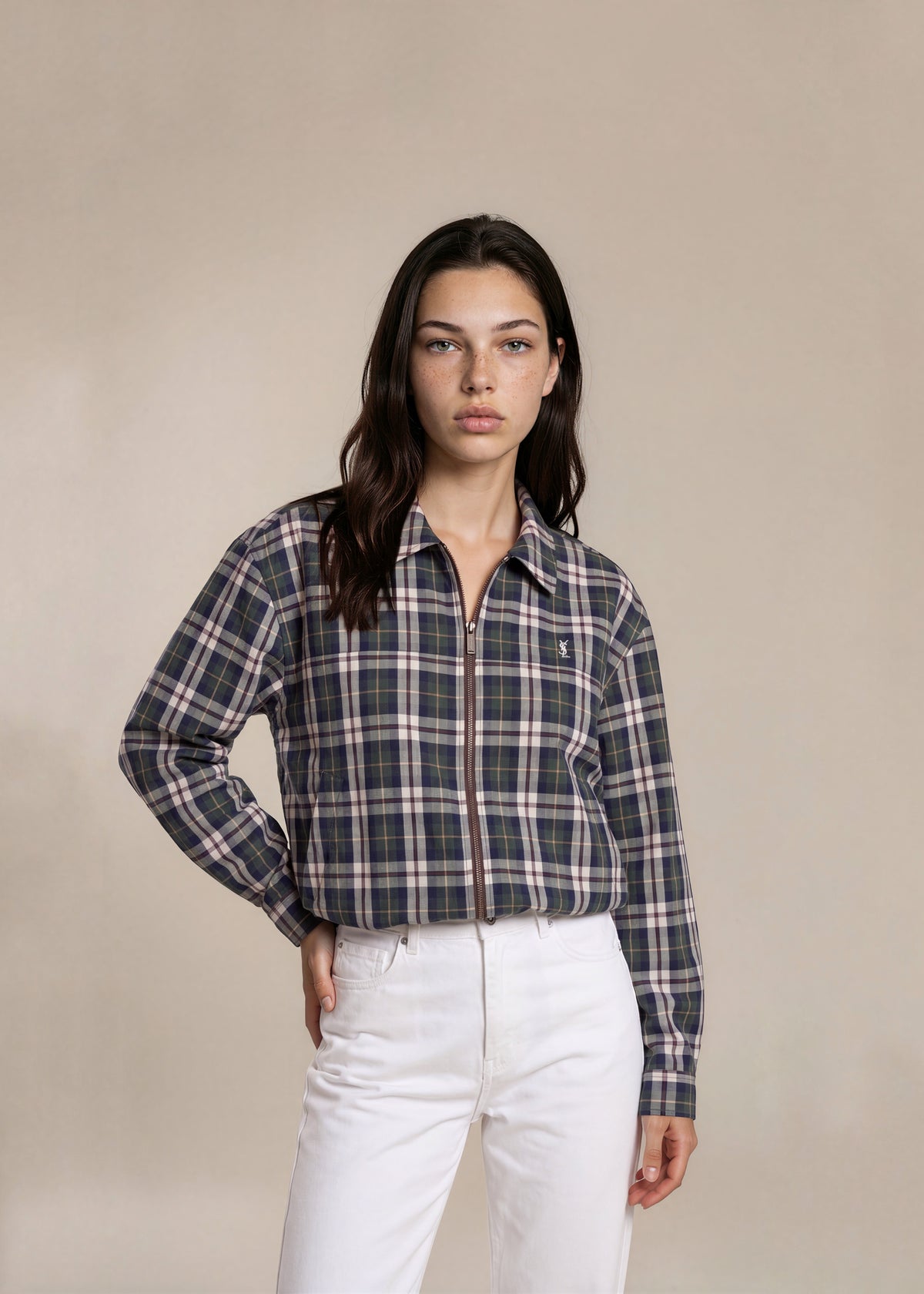 YSL Green and White Plaid Collared Bomber
