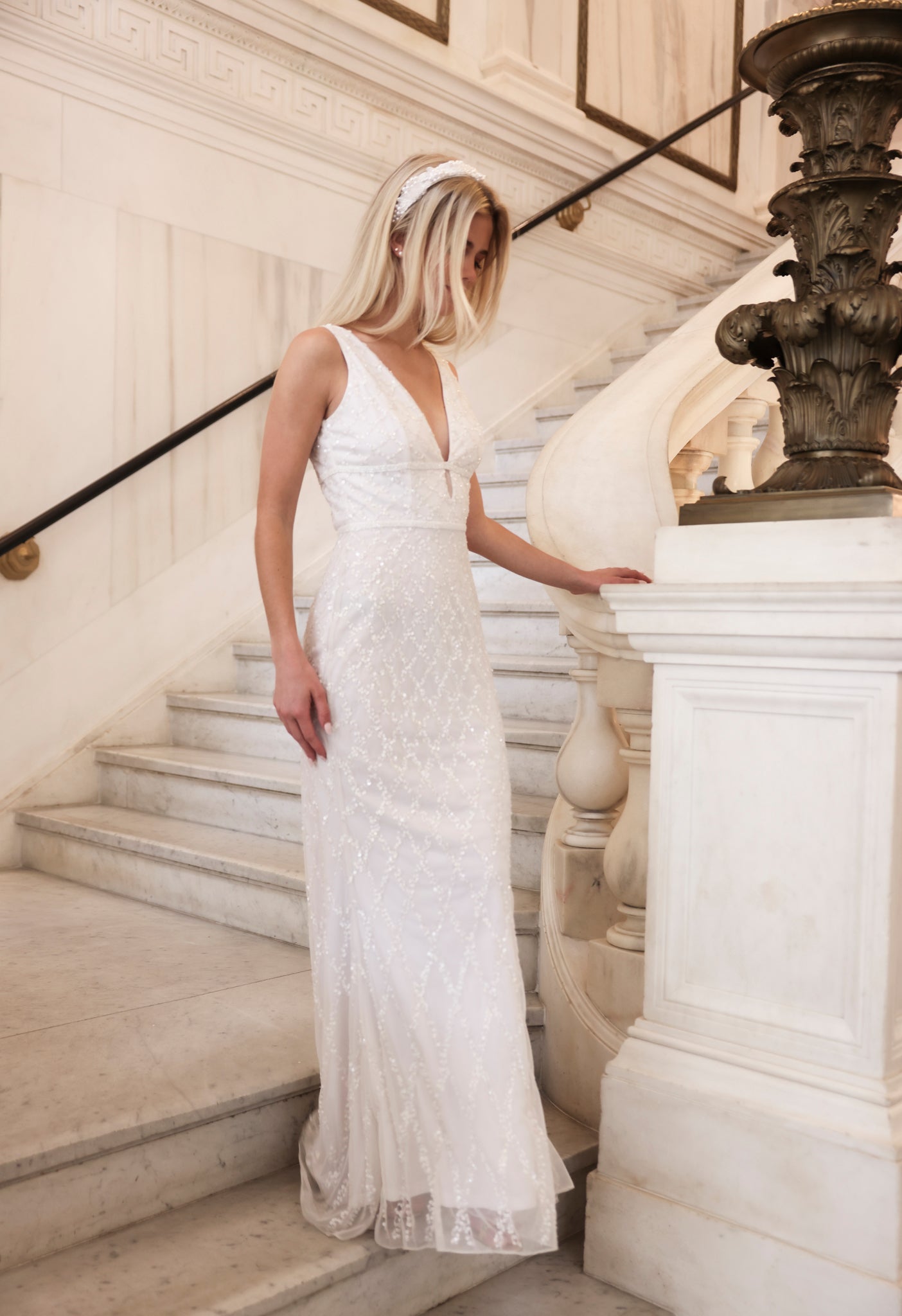 White Sequin V-neck Gown