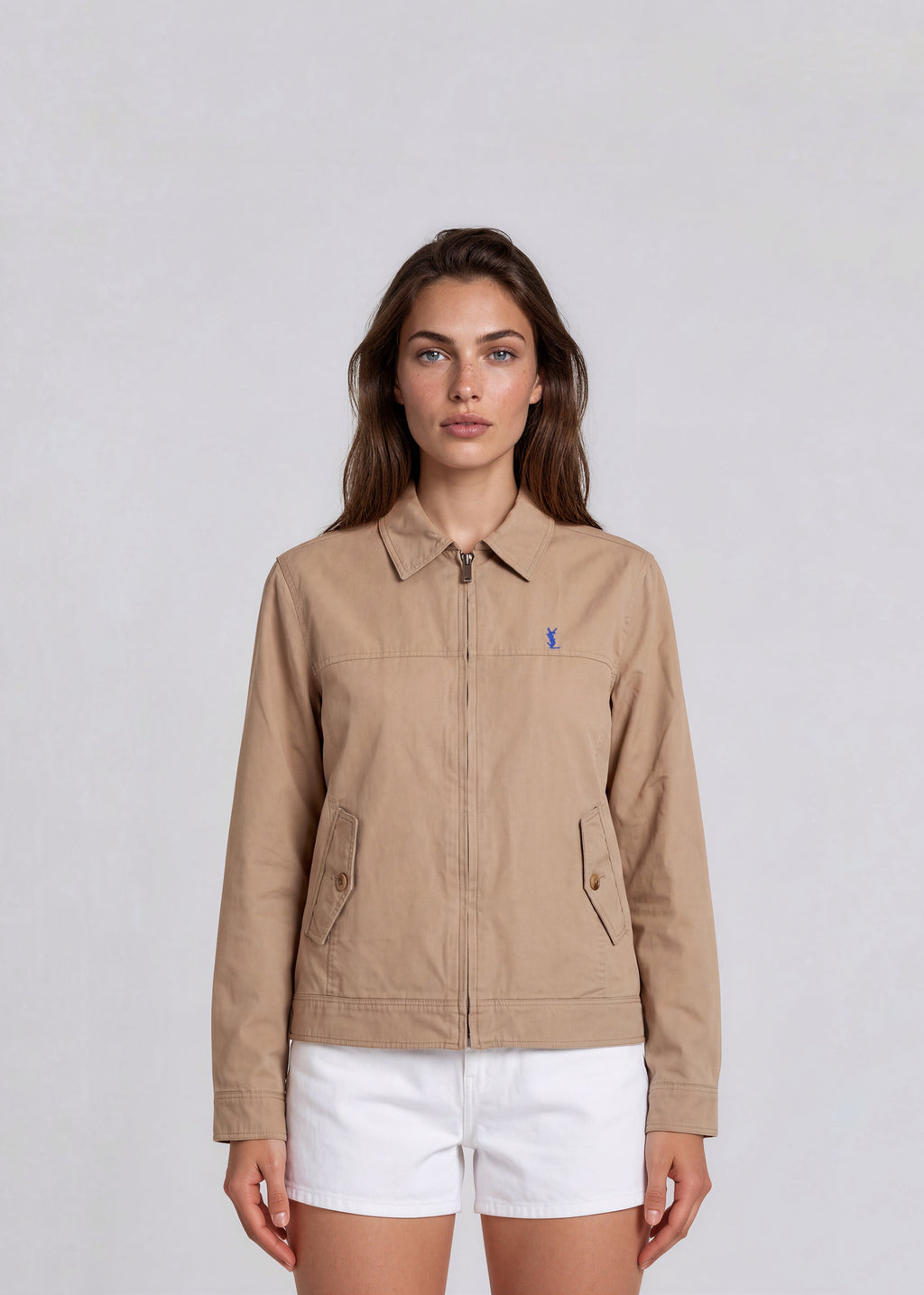 YSL Tan Collared Bomber with Button Pockets