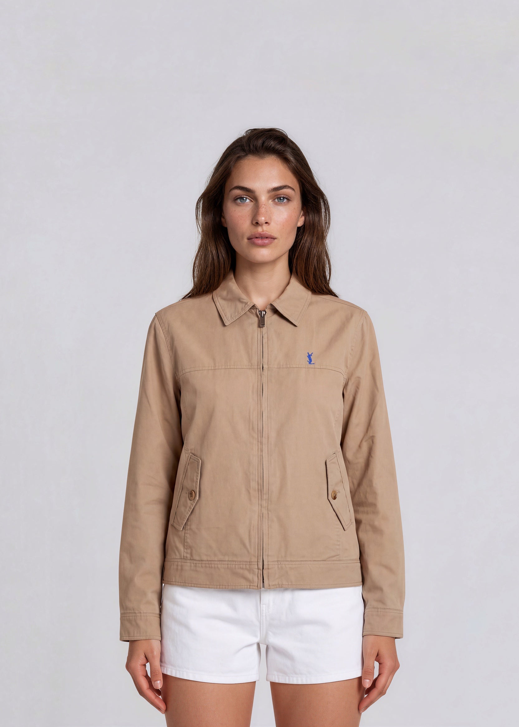 YSL Tan Collared Bomber with Button Pockets