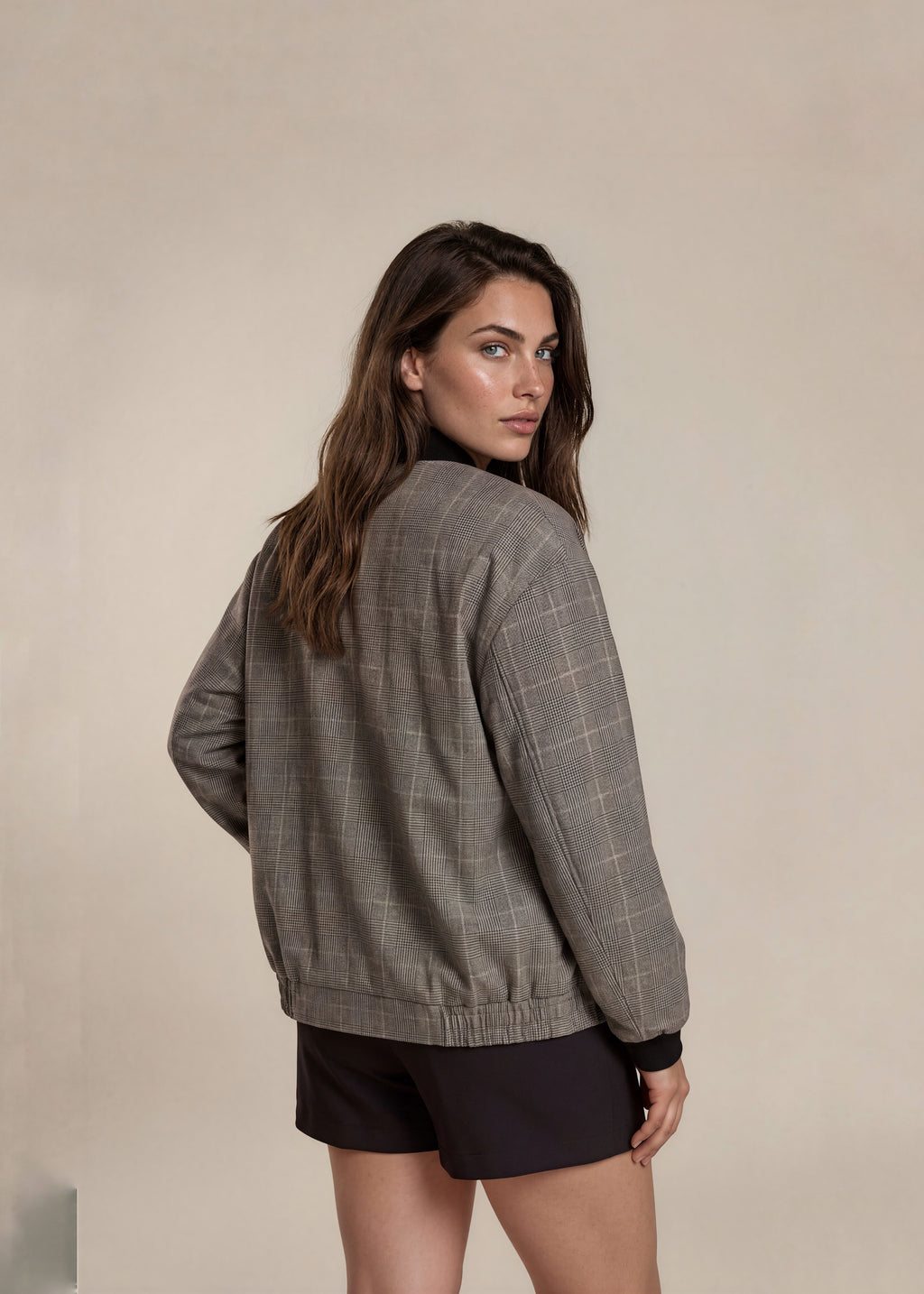 YSL Light Brown Houndstooth Plaid Knit Collared Bomber