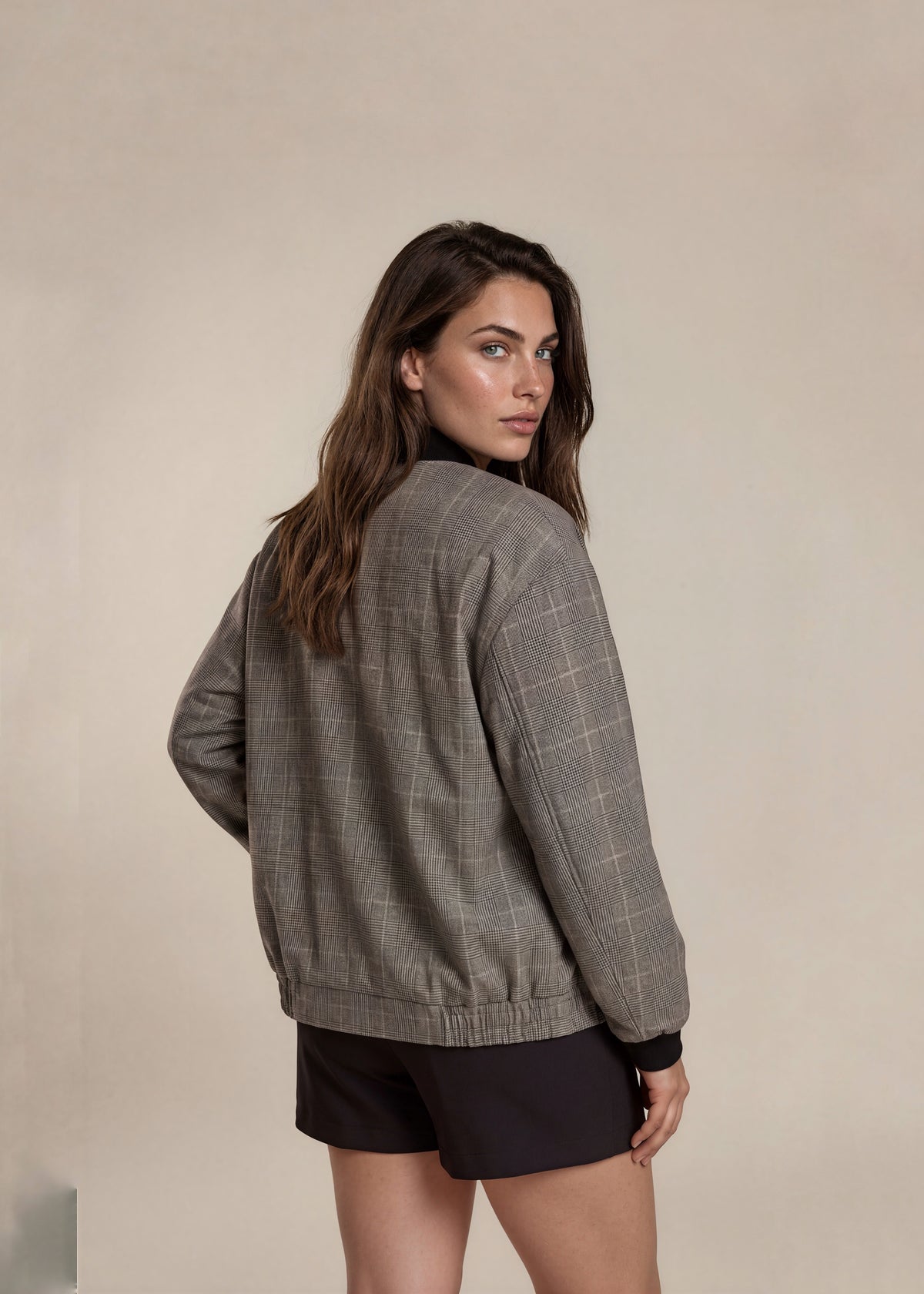 YSL Light Brown Houndstooth Plaid Knit Collared Bomber