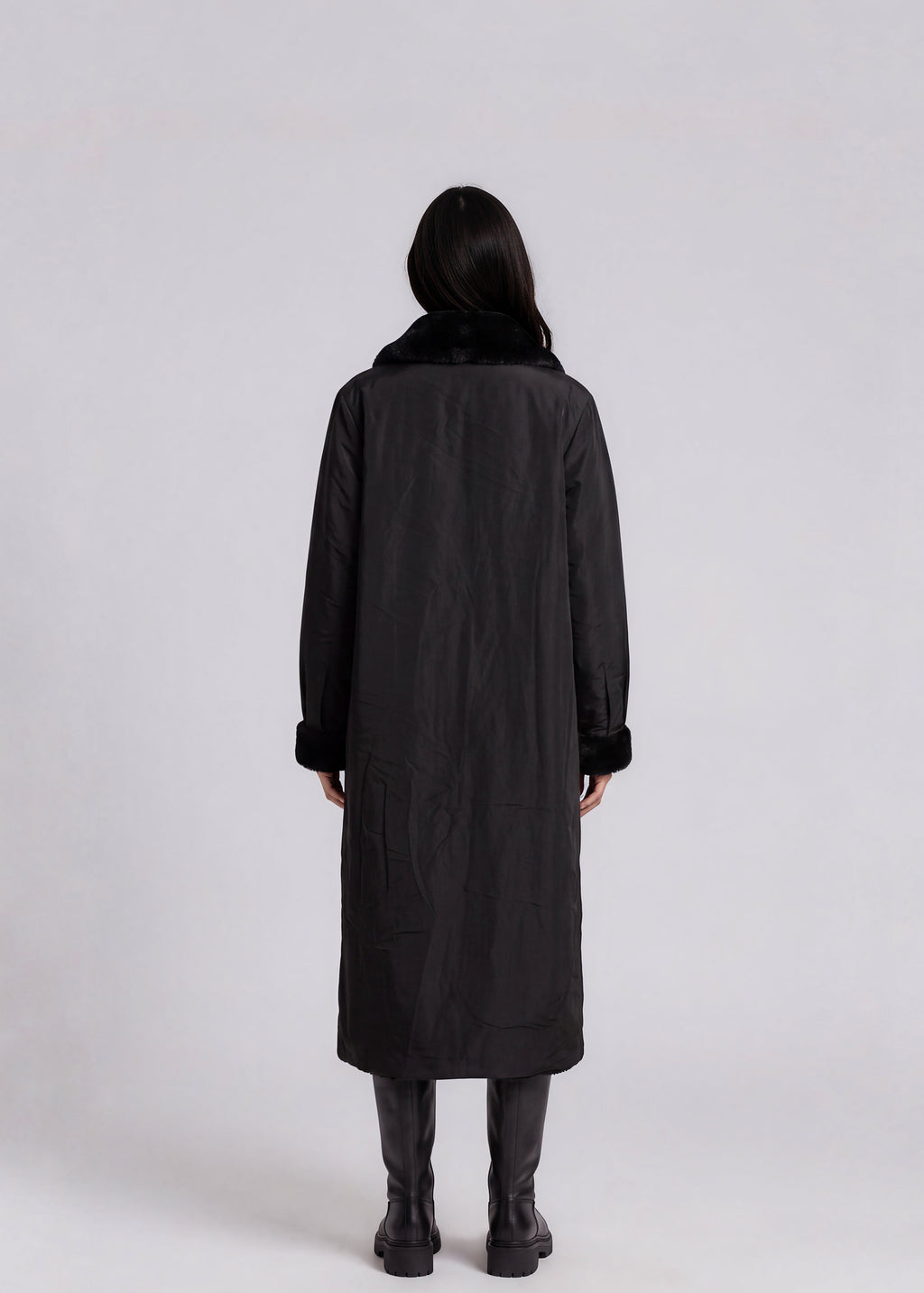 Black Fur Trimmed Long Coat